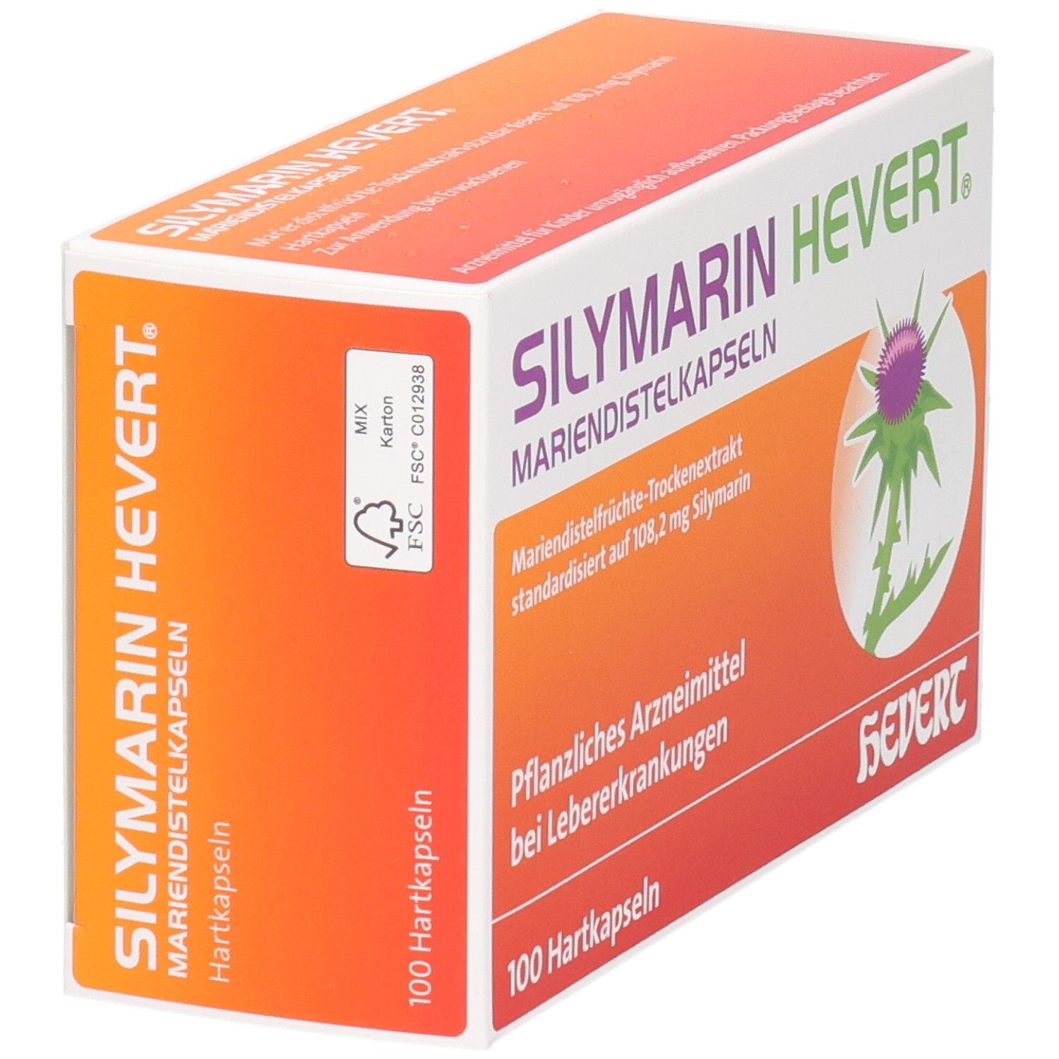 Schachtel SILYMARIN HEVERT Mariendistelkapseln. Orange-weiß. 100 Hartkapseln. FSC-Siegel.