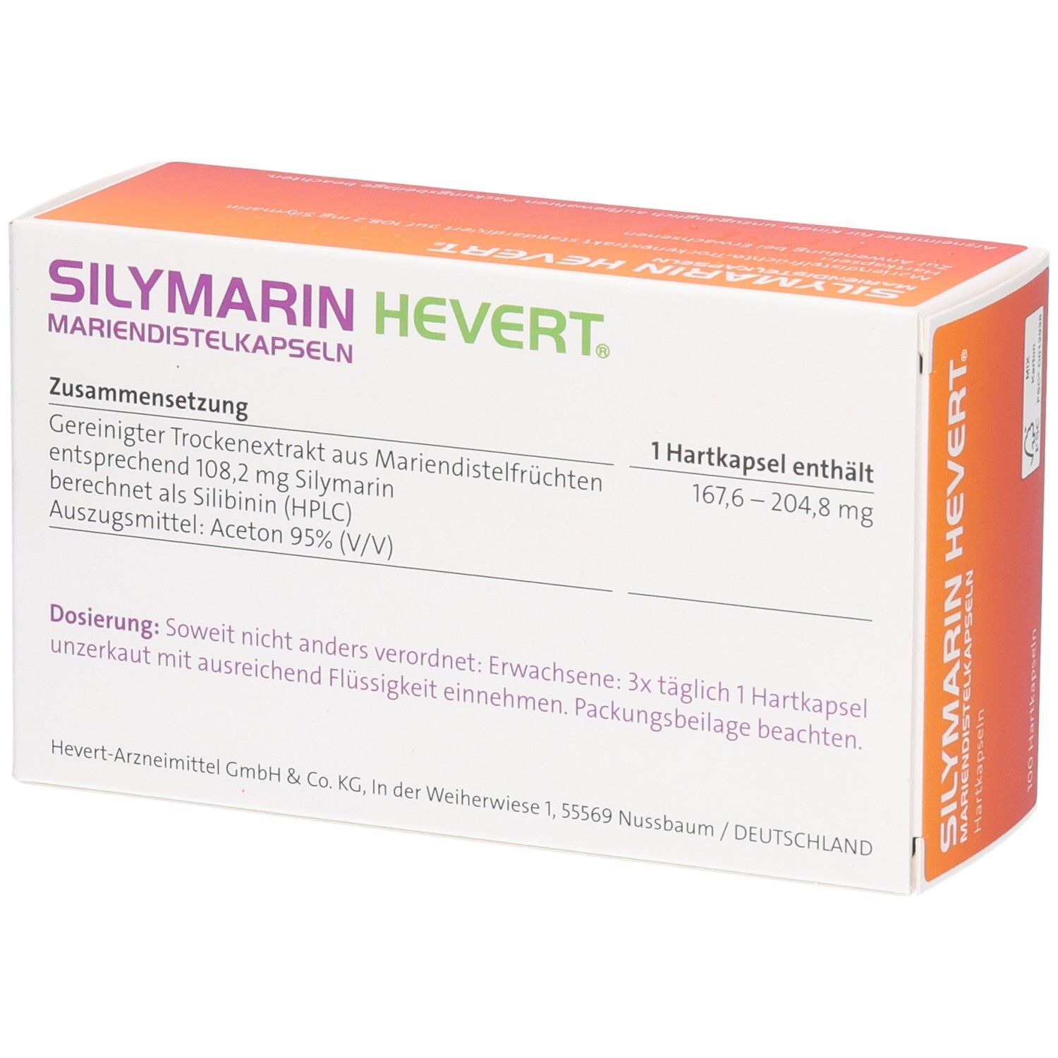 Schachtel SILYMARIN HEVERT Mariendistelkapseln. Text. Zusammensetzung, Dosierung. 100 Hartkapseln.