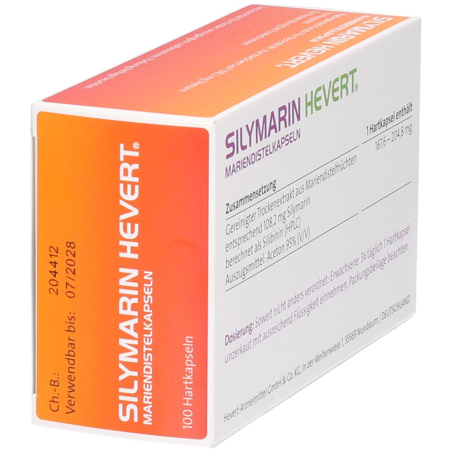 Schachtel SILYMARIN HEVERT Mariendistelkapseln. Text. Zusammensetzung, Dosierung. 100 Hartkapseln.