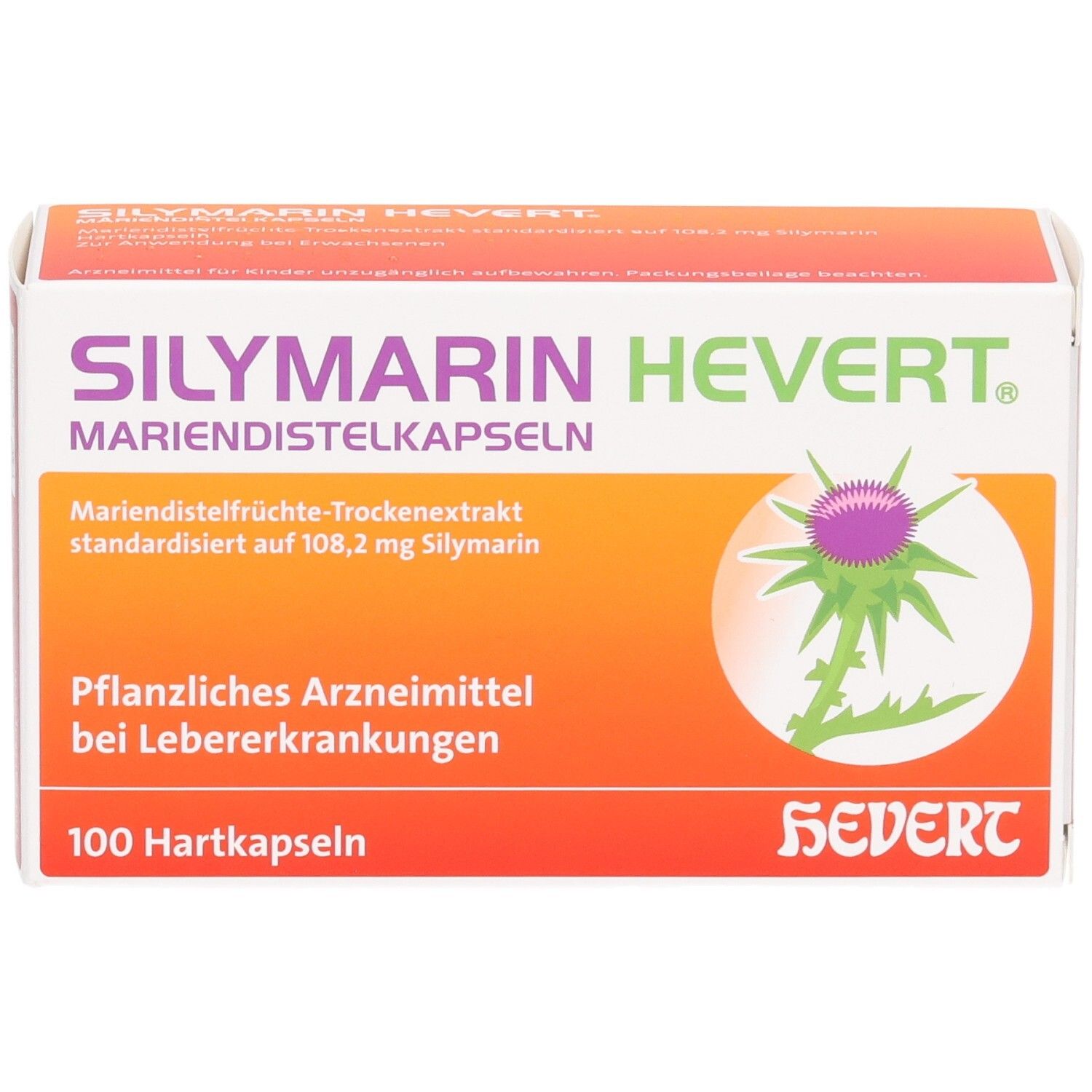 Schachtel SILYMARIN HEVERT Mariendistelkapseln. Orange-weiß. 100 Hartkapseln. Pflanzliches Arzneimittel.