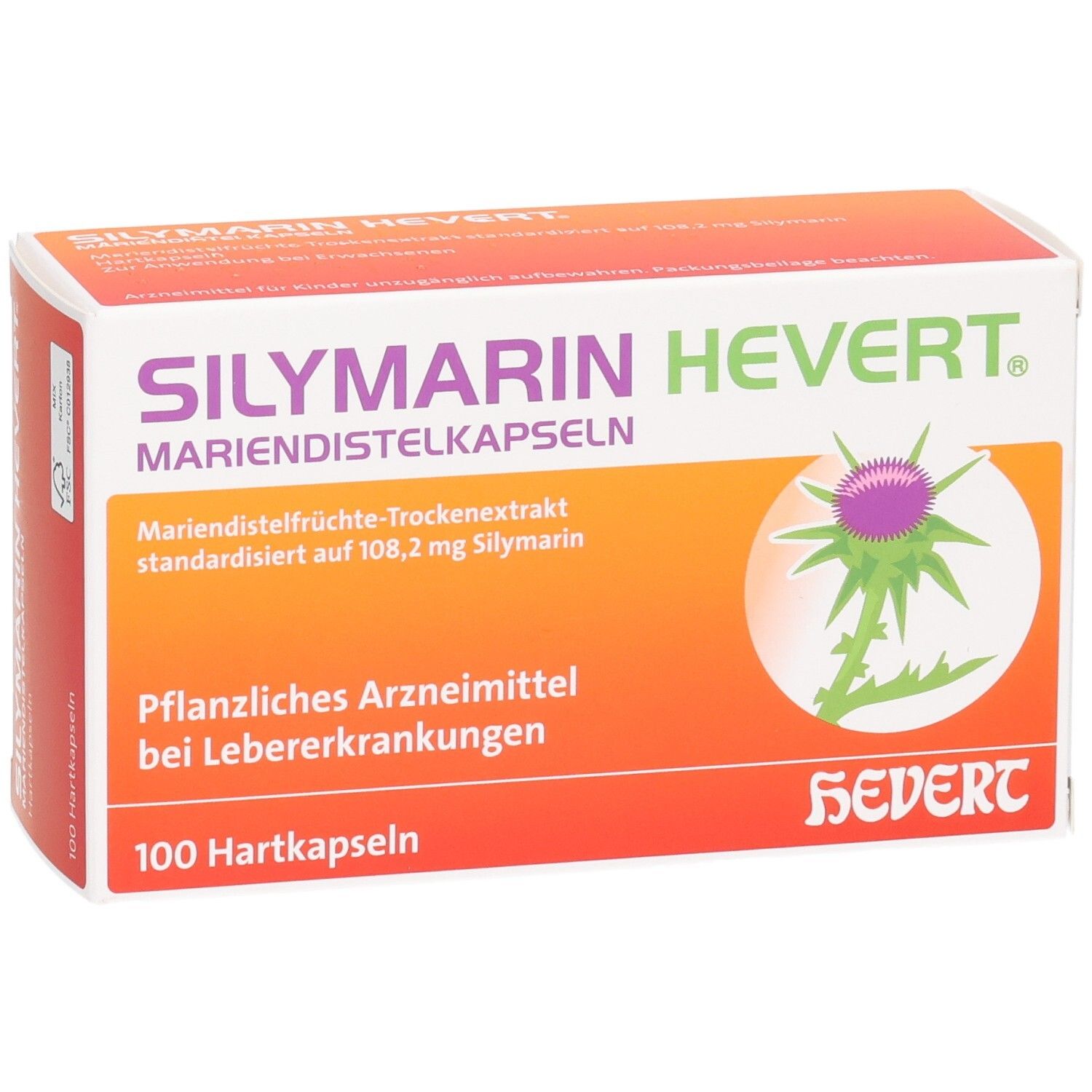 Schachtel SILYMARIN HEVERT Mariendistelkapseln. Orange-weiß. 100 Hartkapseln. Pflanzliches Arzneimittel.