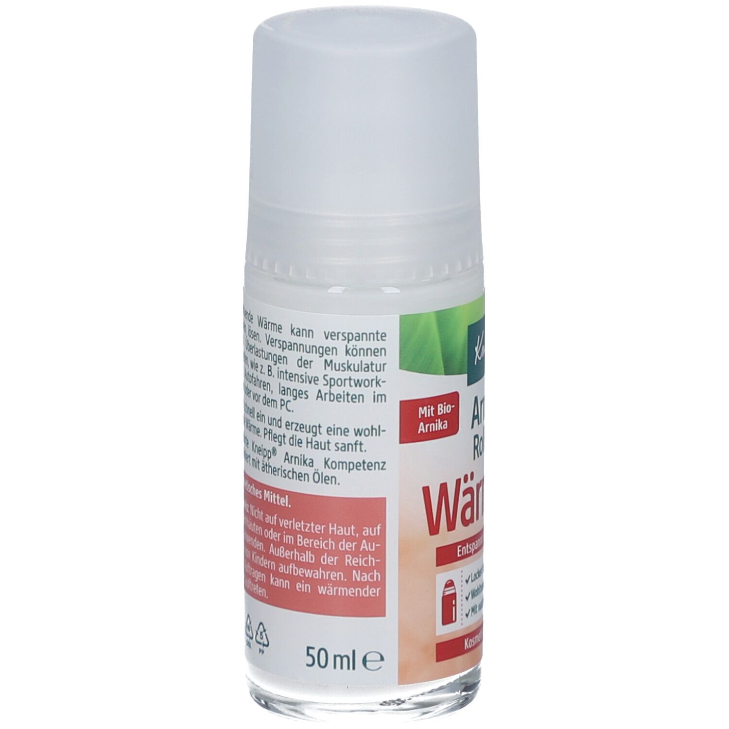 Roll-on-Flasche mit weißem Deckel. Etikett mit Produktinformationen und Logo. 50 ml.