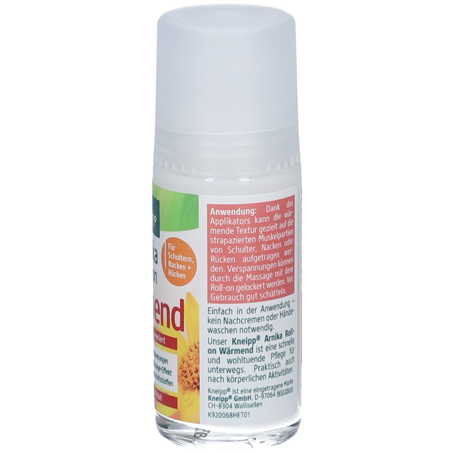 Roll-on-Flasche mit weißem Deckel. Etikett mit Produktinformationen und Logo.