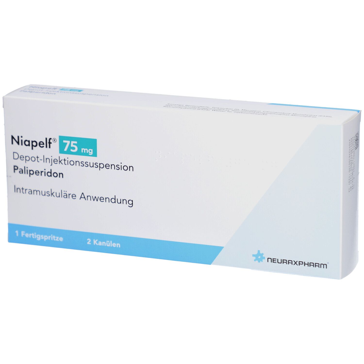 Karton mit Aufschrift Niapelf 75 mg Depot-Injektionssuspension. Enthält 1 Fertigspritze und 2 Kanülen. Logo von Neuraxpharm.