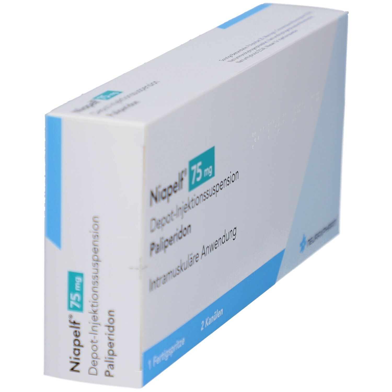 Schräg gestellte Verpackung von Niapelf 75 mg. Blaue Akzente. Enthält 1 Fertigspritze und 2 Kanülen. Logo von Neuraxpharm.