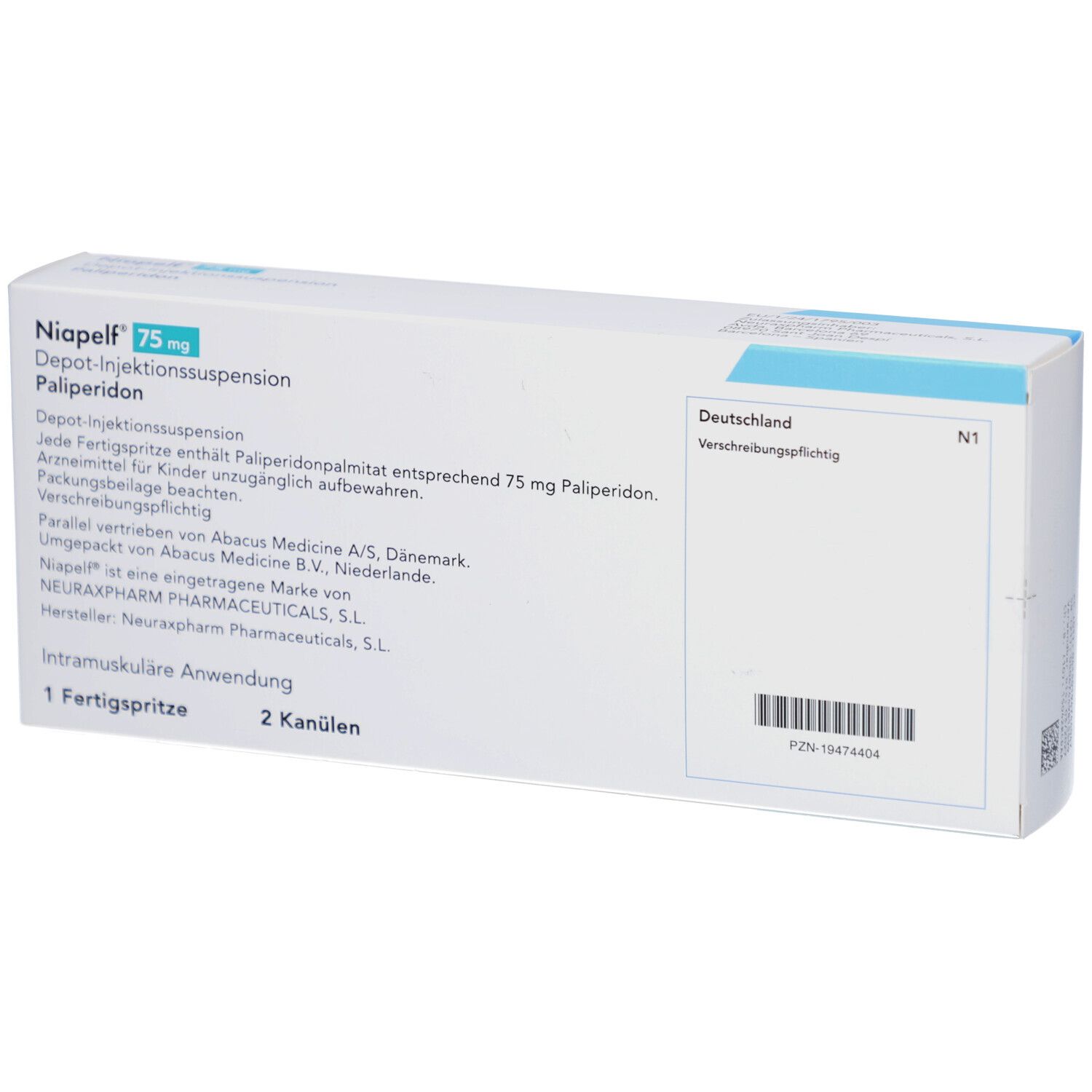 Rückseite der Niapelf 75 mg Verpackung. Textinformationen, Barcode und Deutschland-Hinweis. Logo von Neuraxpharm.