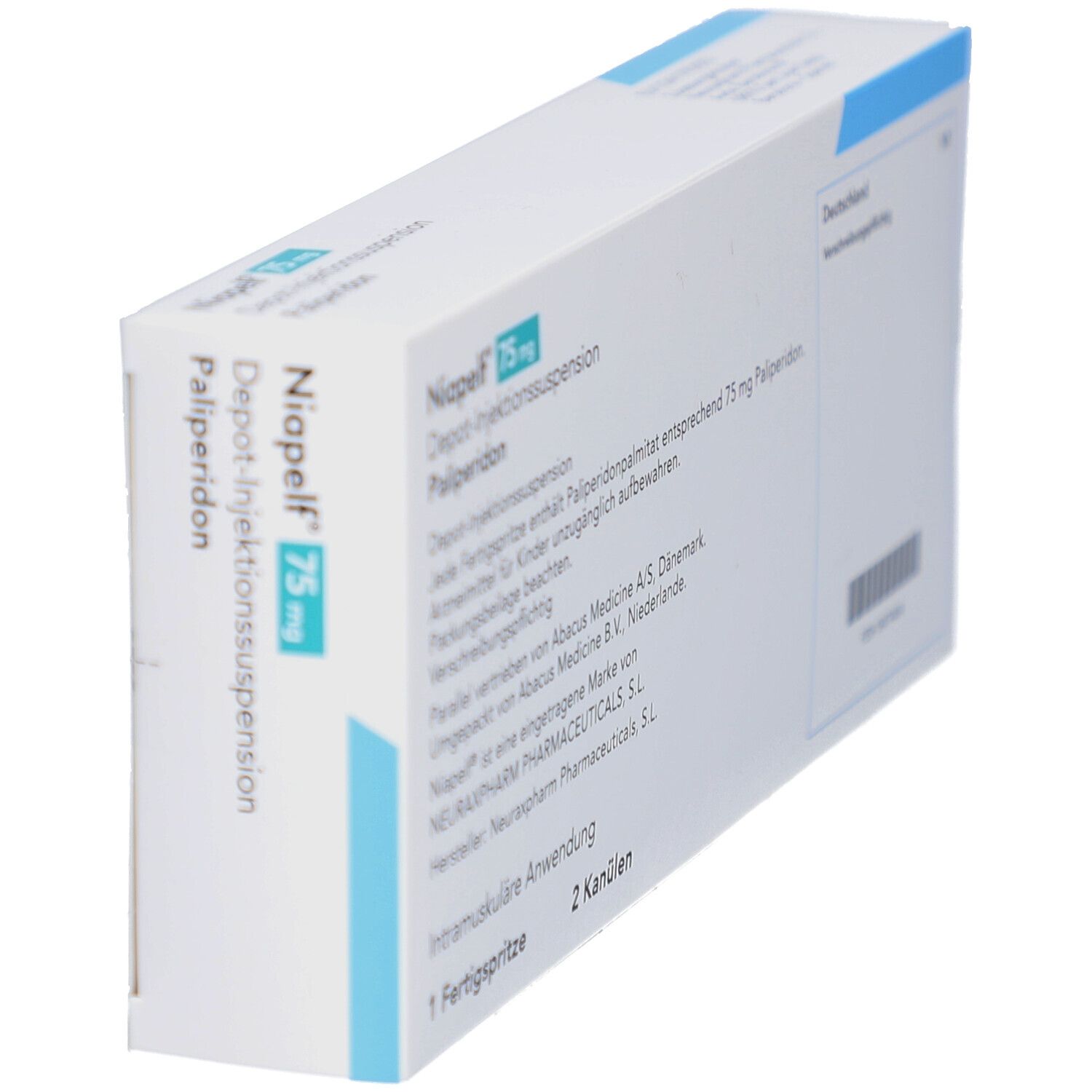 Schräg gestellte Verpackung von Niapelf 75 mg. Textinformationen und Barcode. Logo von Neuraxpharm.