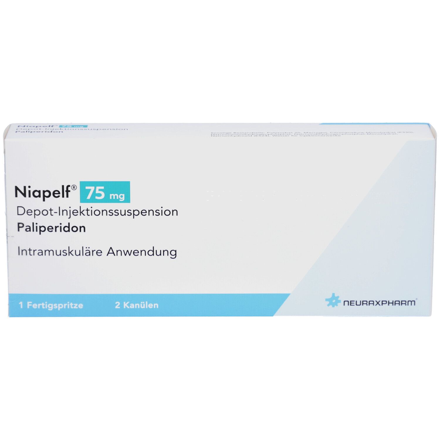 Verpackung von Niapelf 75 mg. Enthält 1 Fertigspritze und 2 Kanülen. Logo von Neuraxpharm.