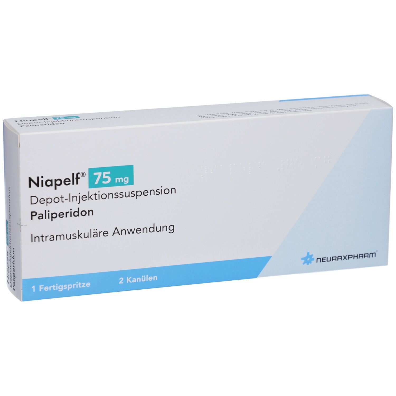Verpackung von Niapelf 75 mg. Enthält 1 Fertigspritze und 2 Kanülen. Logo von Neuraxpharm.