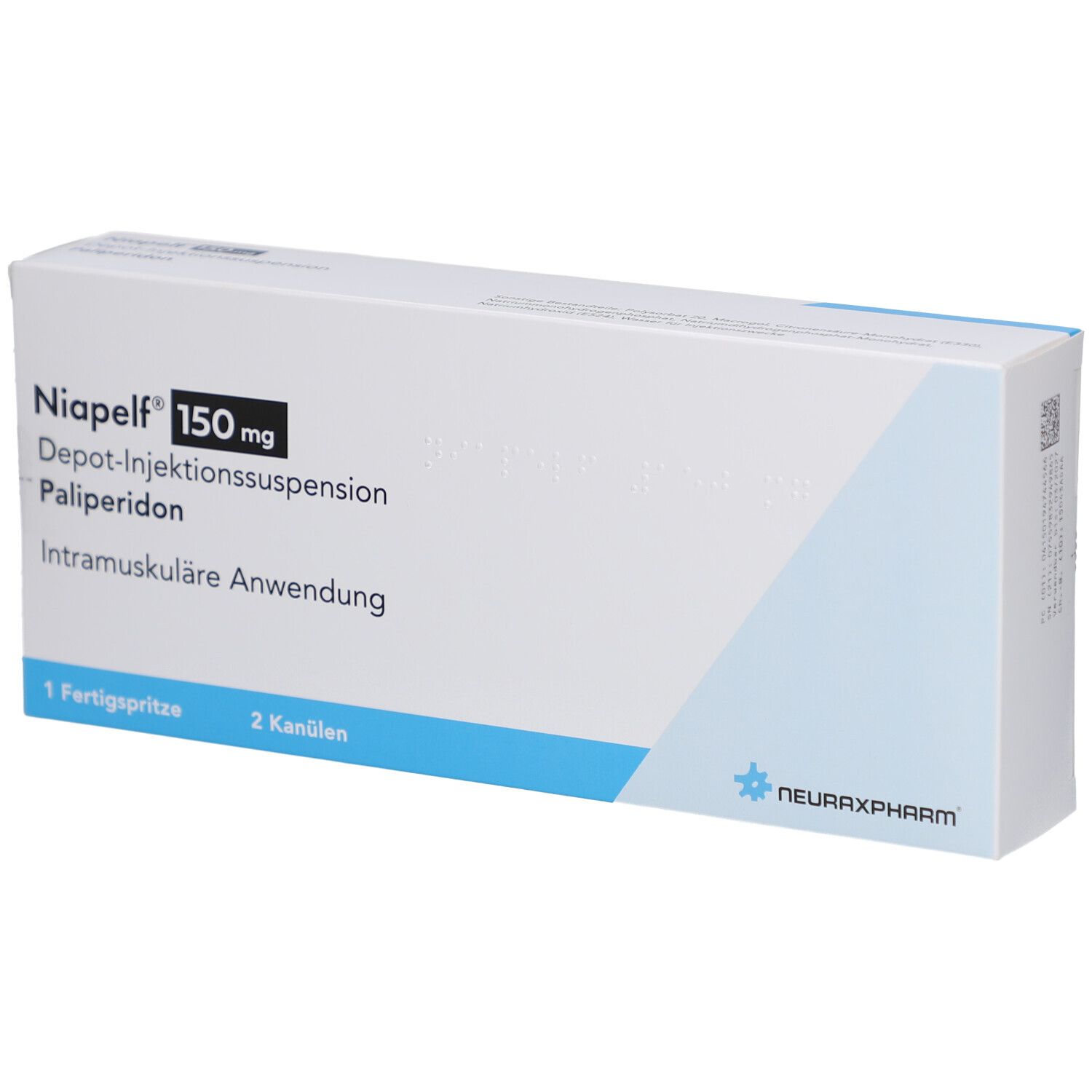 Weiße Faltschachtel mit Aufschrift Niapelf 150 mg, Depot-Injektionssuspension, Palipderidon. Enthält 1 Fertigspritze, 2 Kanülen.
