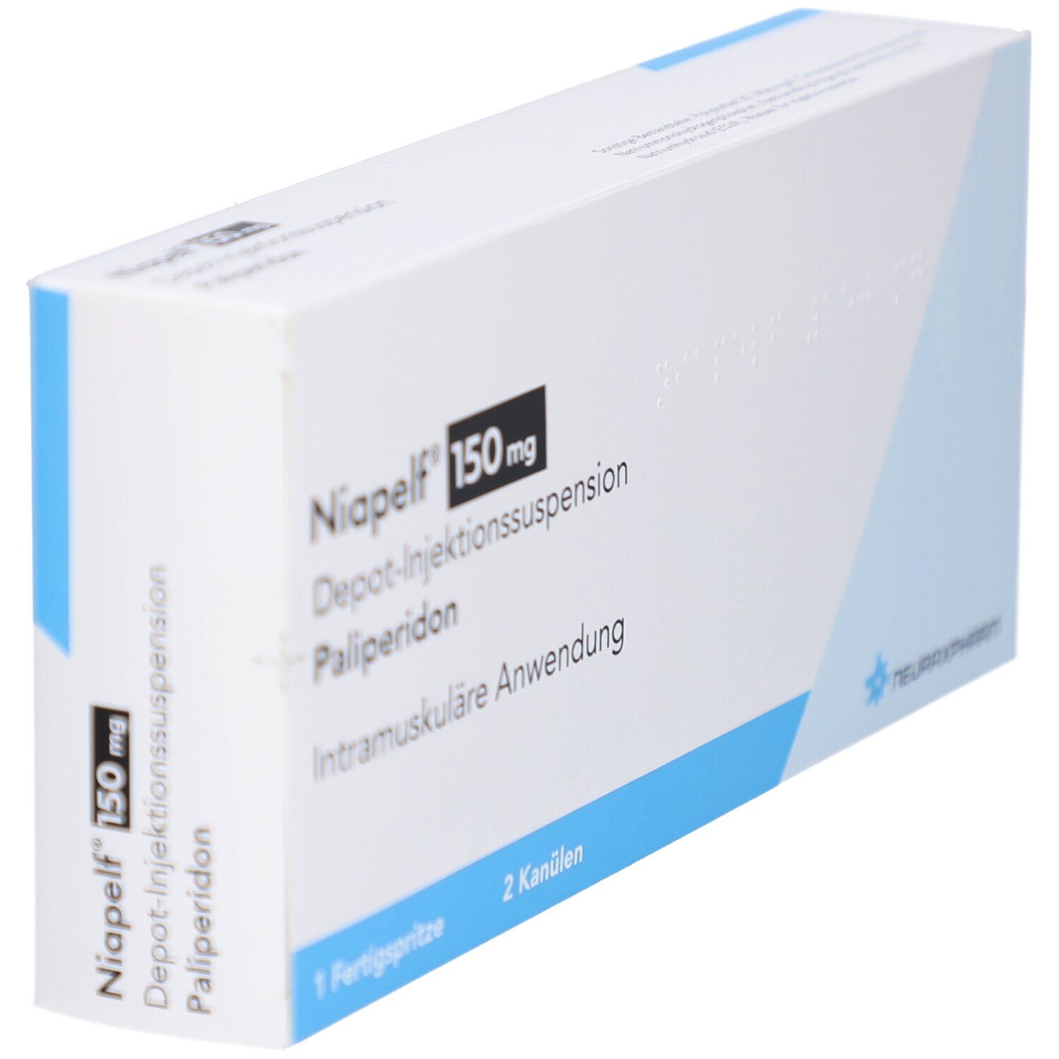 Weiße Faltschachtel mit blauen Akzenten und Aufschrift Niapelf 150 mg. Enthält 1 Fertigspritze und 2 Kanülen. Produktname und Dosierung.