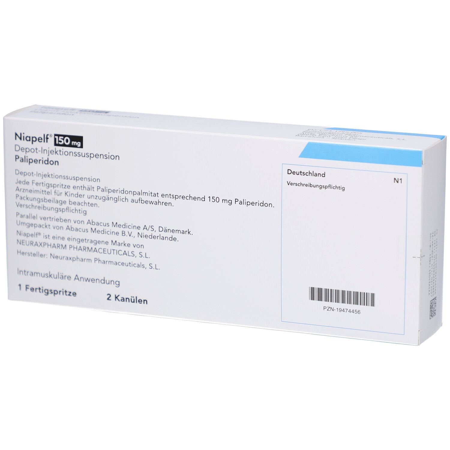 Weiße Faltschachtel mit Text. Enthält Niapelf 150 mg, Depot-Injektionssuspension. Angaben zu Inhalt, Hersteller und Anwendung.