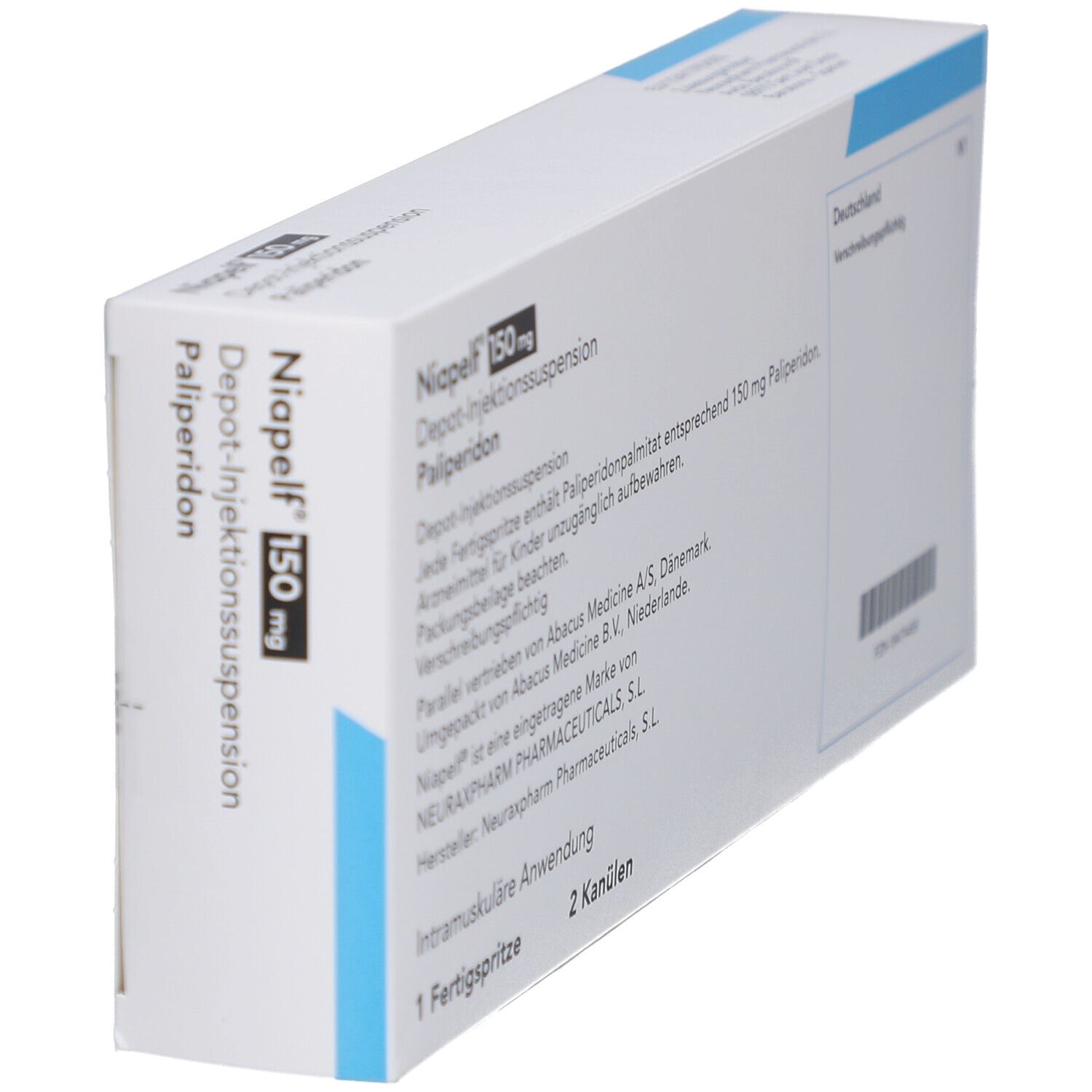 Weiße Faltschachtel mit Text. Enthält Niapelf 150 mg, Depot-Injektionssuspension. Angaben zu Inhalt, Hersteller und Anwendung.