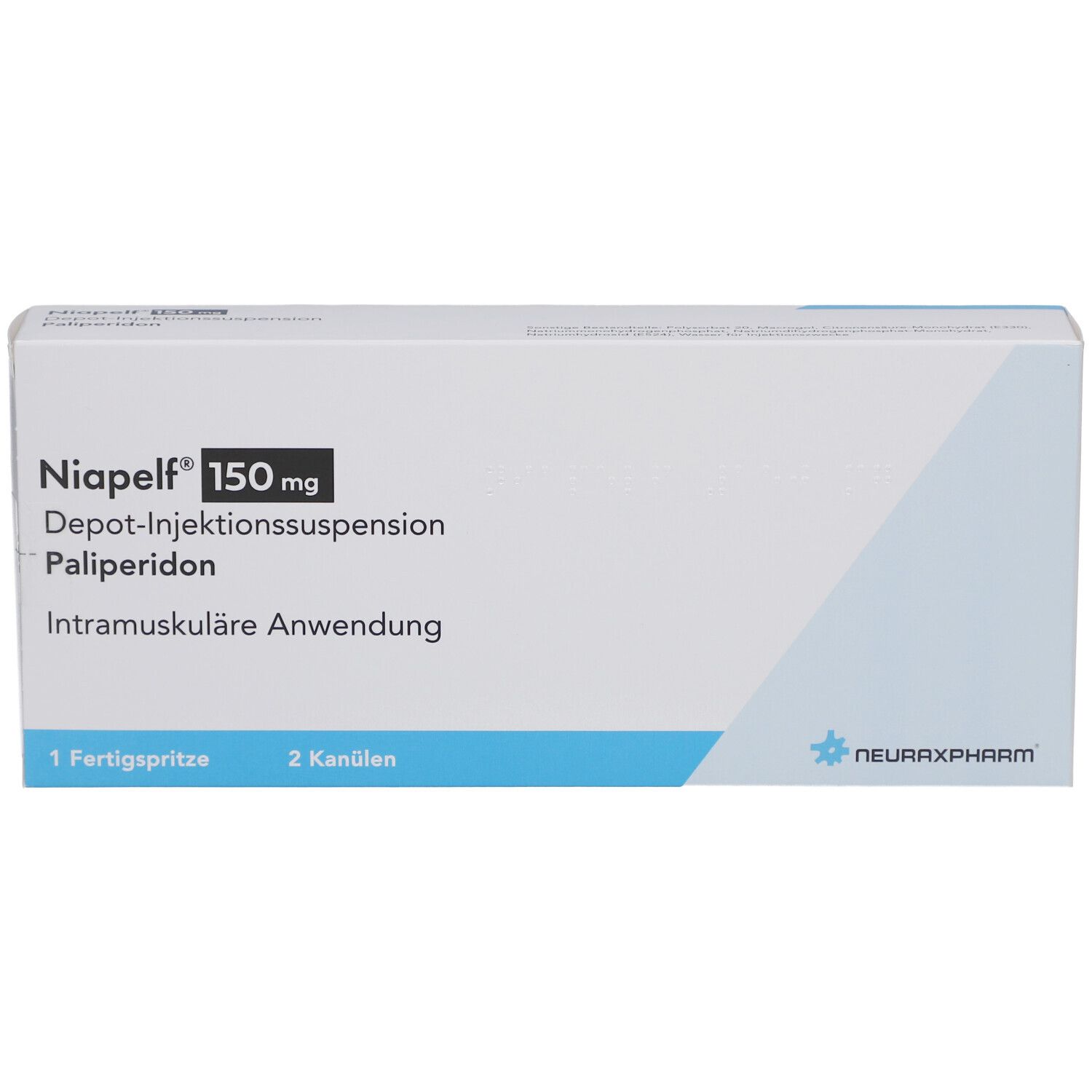 Weiße Faltschachtel mit Aufschrift Niapelf 150 mg, Depot-Injektionssuspension, Palipderidon. Enthält 1 Fertigspritze, 2 Kanülen.