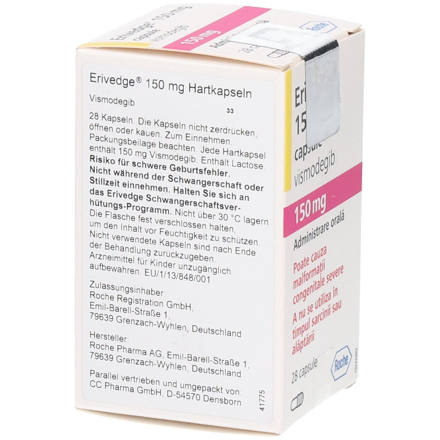 Rückseite der Erivedge 150 mg Hartkapseln Verpackung. Enthält 28 Kapseln Vismodeib. Roche.