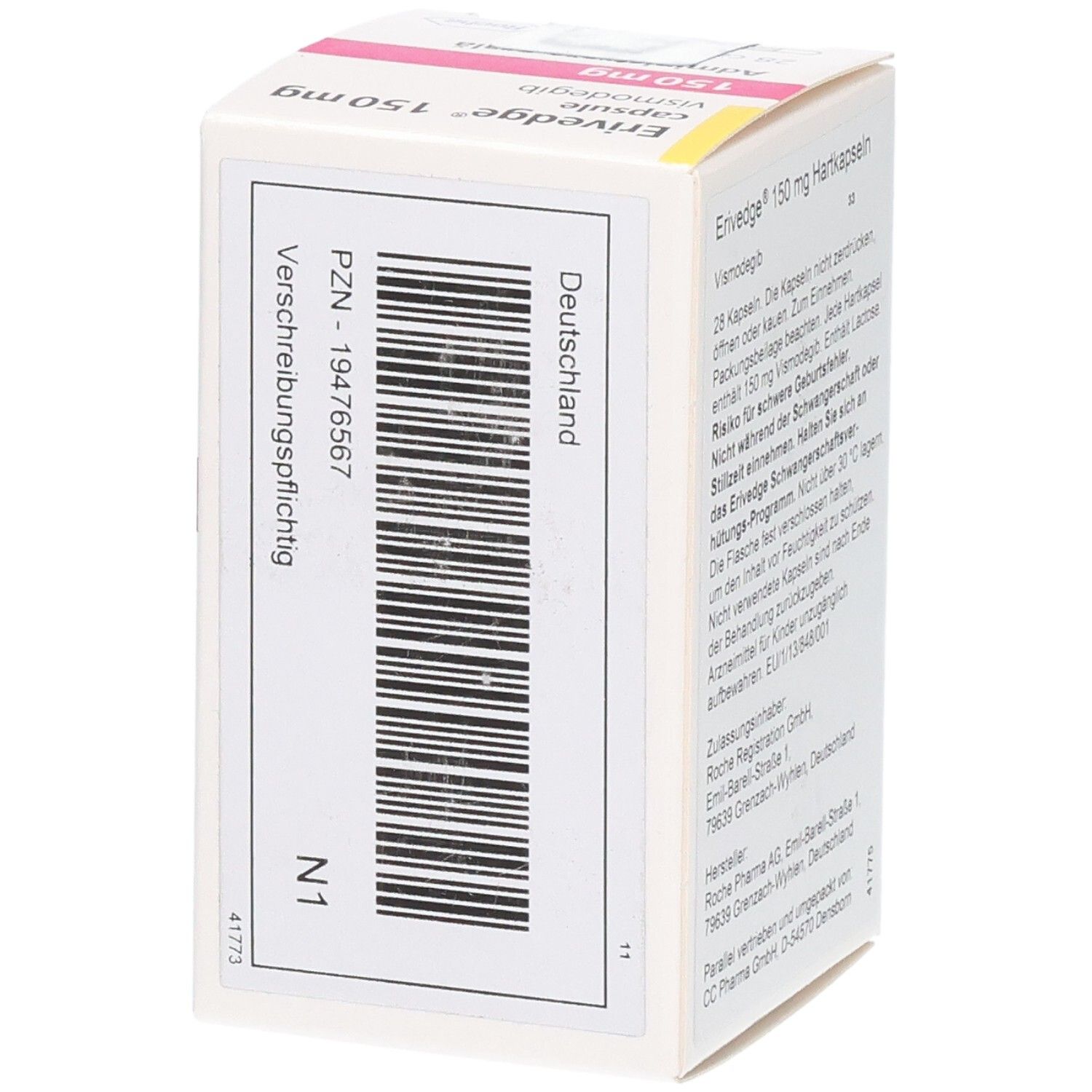 Seitenansicht der Erivedge 150 mg Hartkapseln Verpackung. PZN 19476567. Deutschland.