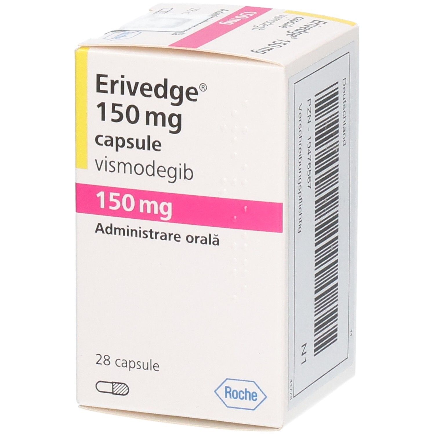 Vorderseite der Erivedge 150 mg Hartkapseln Verpackung. 28 Kapseln. Roche.