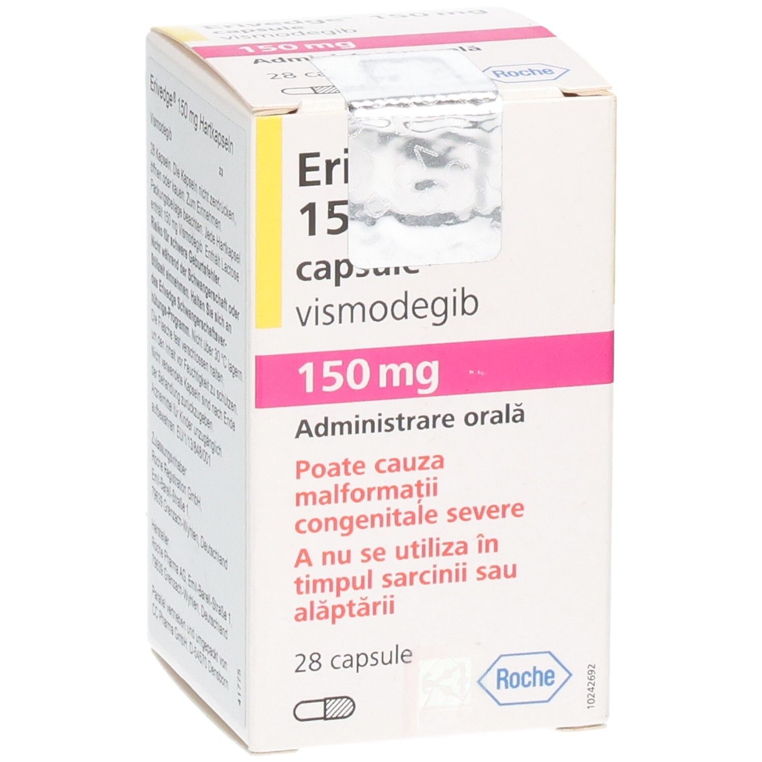 Erivedge 150 mg Hartkapseln Verpackung. 28 Kapseln. Vismodeib. Roche.