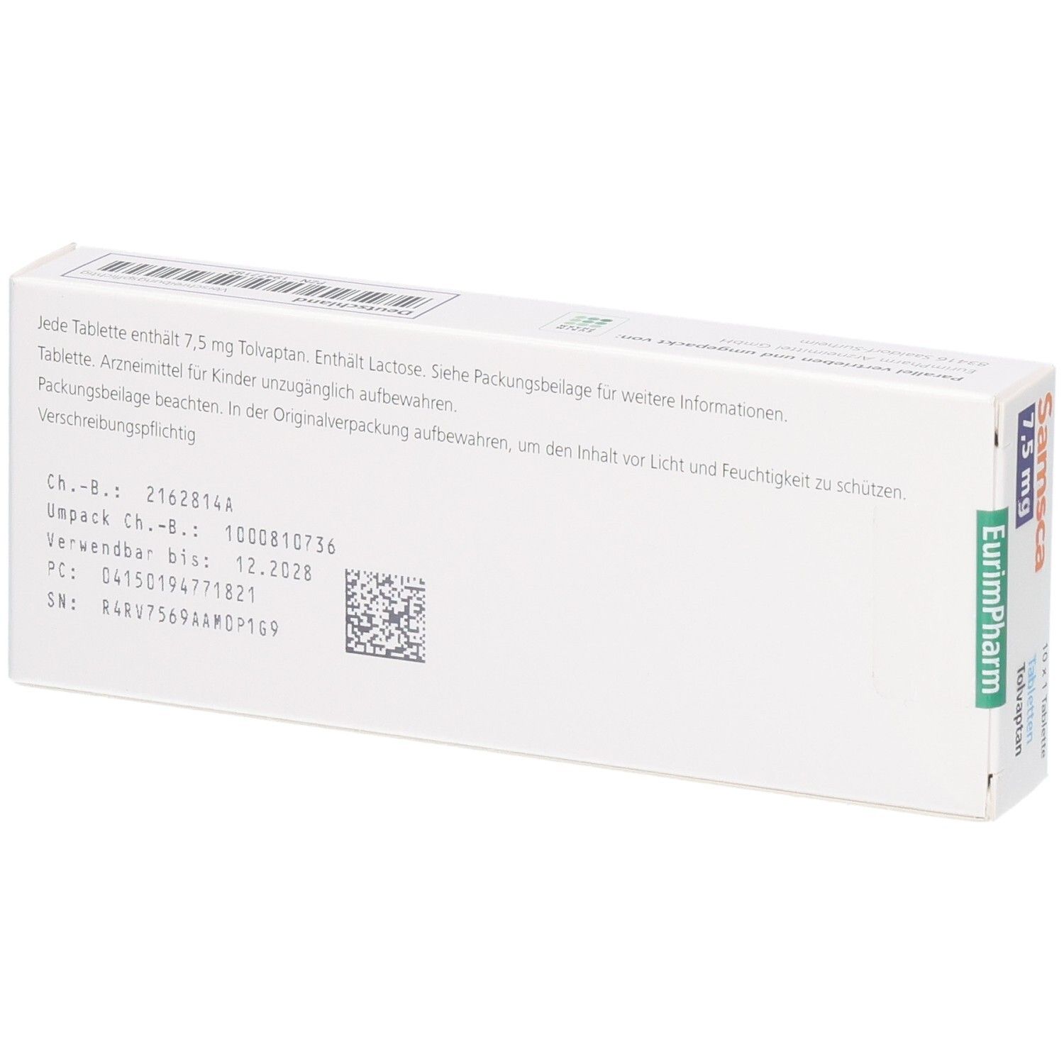Rückseite der SamsCa 7,5 mg Tabletten Tolvaptan Schachtel.