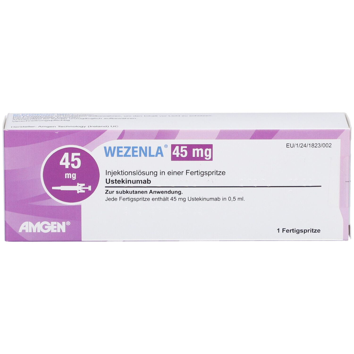 Verpackung von WEZENLA 45 mg Injektionslösung. Weiß-lila Schachtel mit Produktnamen, Dosierung und Herstellerlogo.