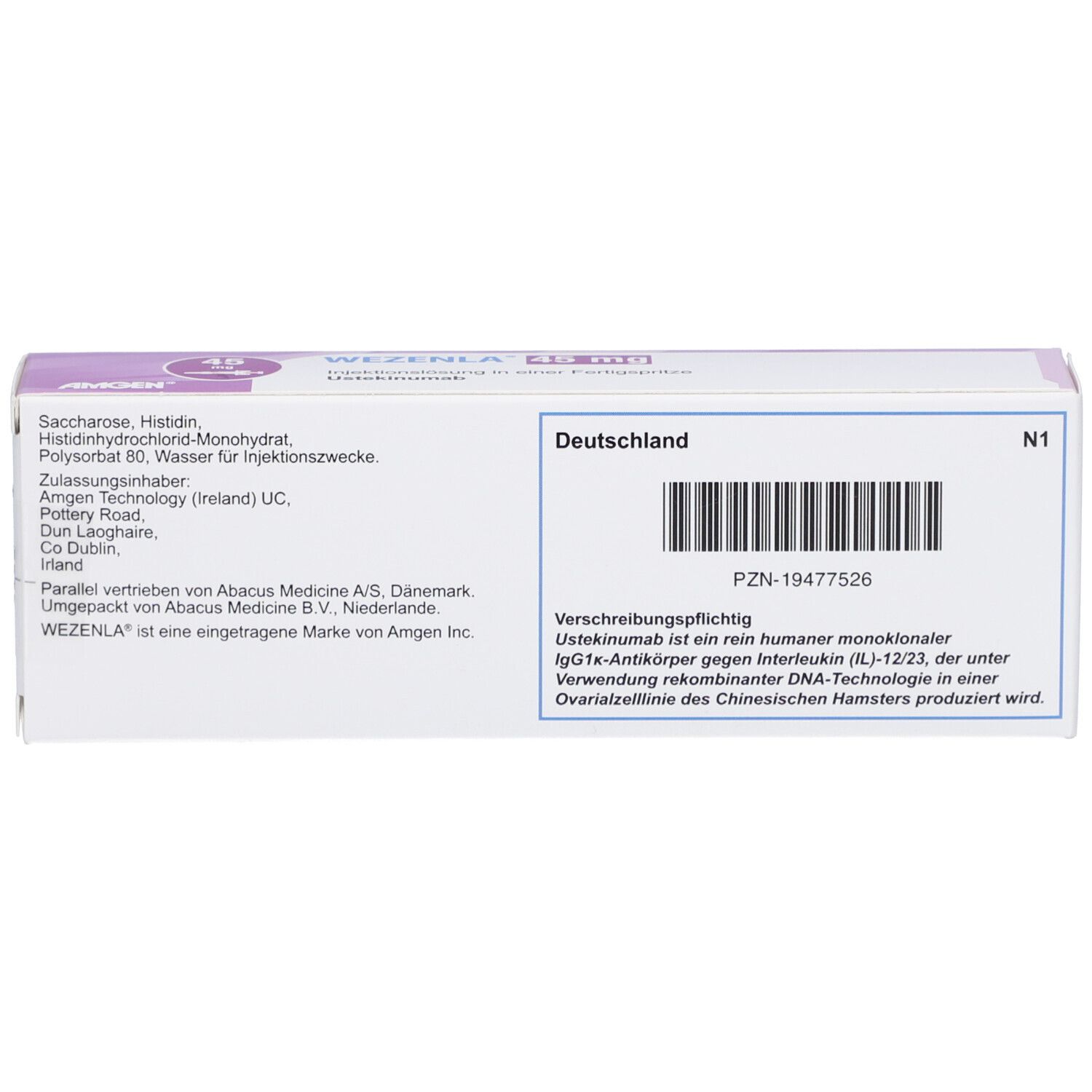 Rückseite der WEZENLA 45 mg Verpackung. Enthält Informationen zu Inhaltsstoffen, Hersteller und Chargennummer.