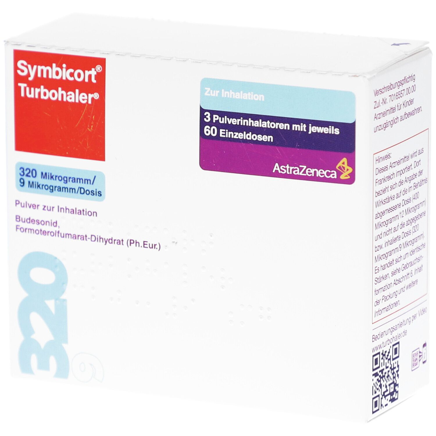 Weiße Schachtel mit rotem und blauem Text. Enthält 3 Inhalatoren mit 60 Einzeldosen. Marke: Symbicort Turbohaler.