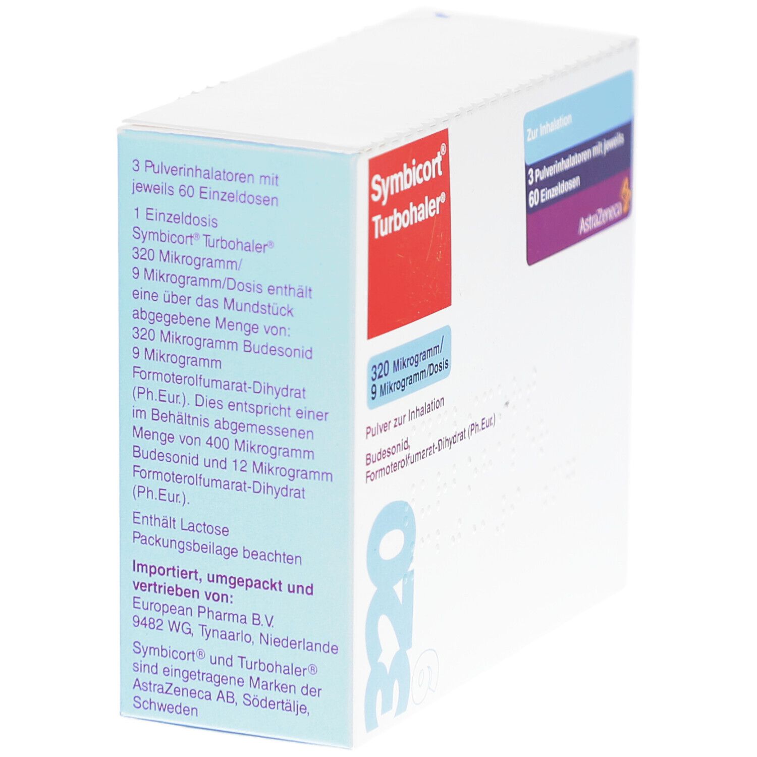 Weiße Schachtel mit Text. Enthält 3 Inhalatoren mit 60 Einzeldosen. Marke: Symbicort Turbohaler. Importiert von European Pharma B.V.