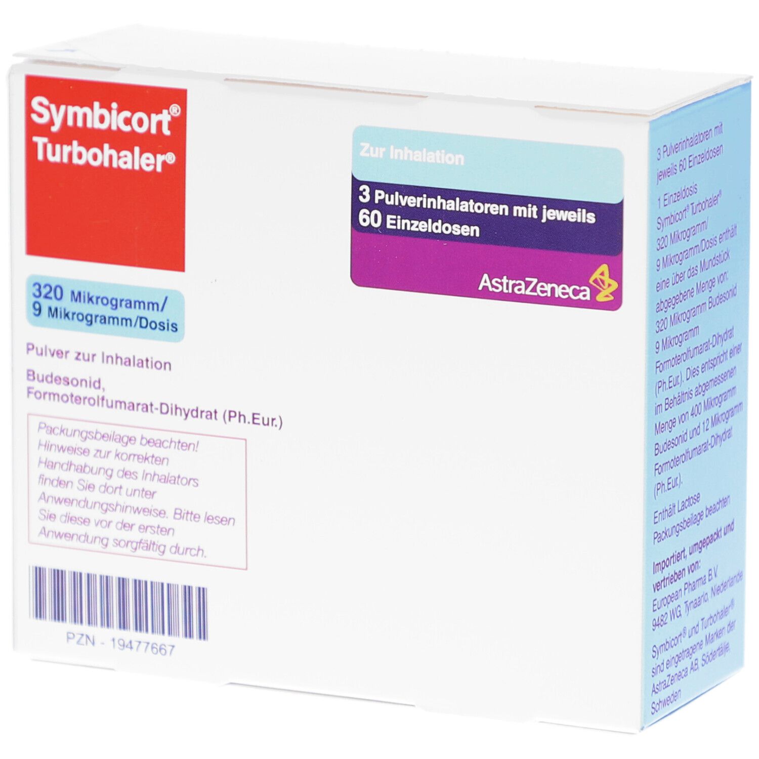 Weiße Schachtel mit Text. Enthält 3 Inhalatoren mit 60 Einzeldosen. Marke: Symbicort Turbohaler. AstraZeneca Logo.