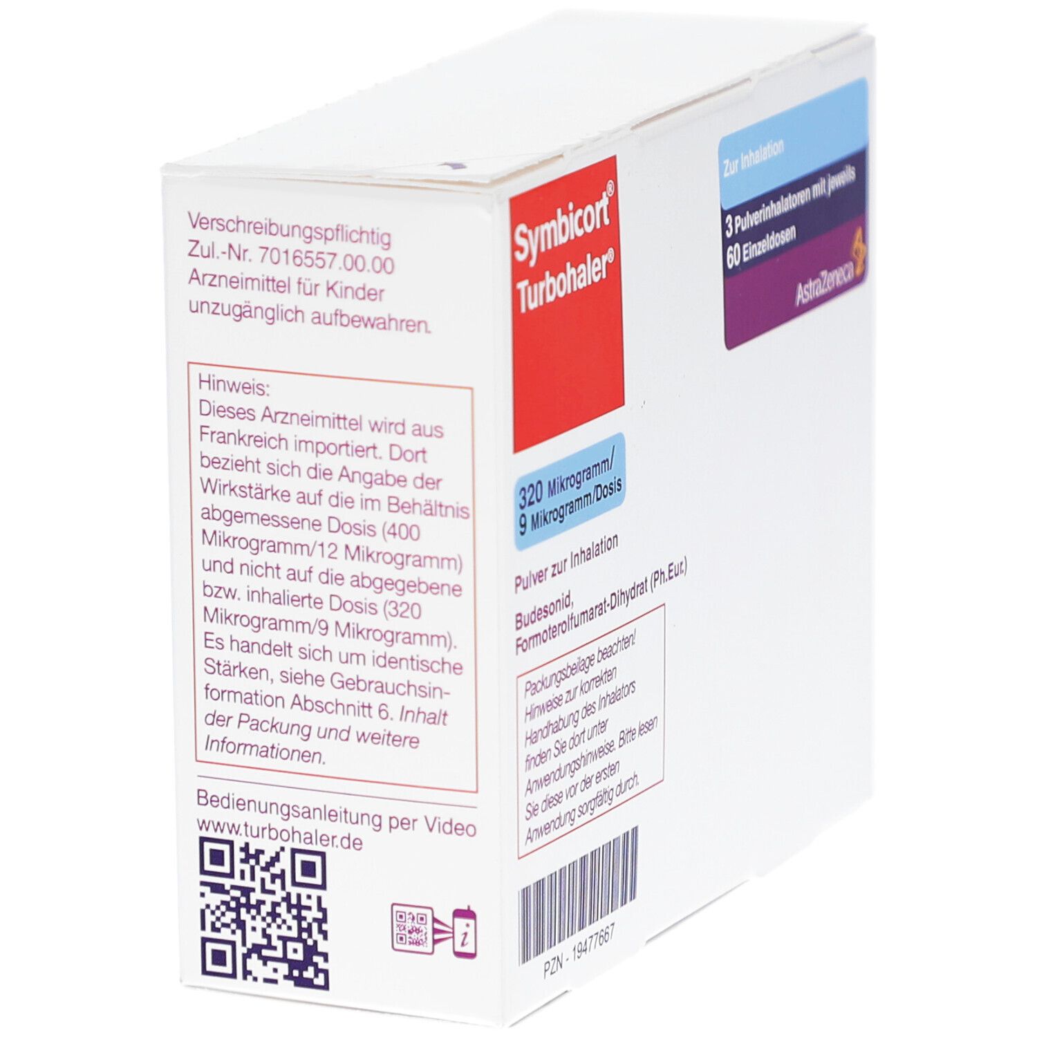 Weiße Schachtel mit Text. Enthält 3 Inhalatoren mit 60 Einzeldosen. Marke: Symbicort Turbohaler. Zul.-Nr. 7016557.00.