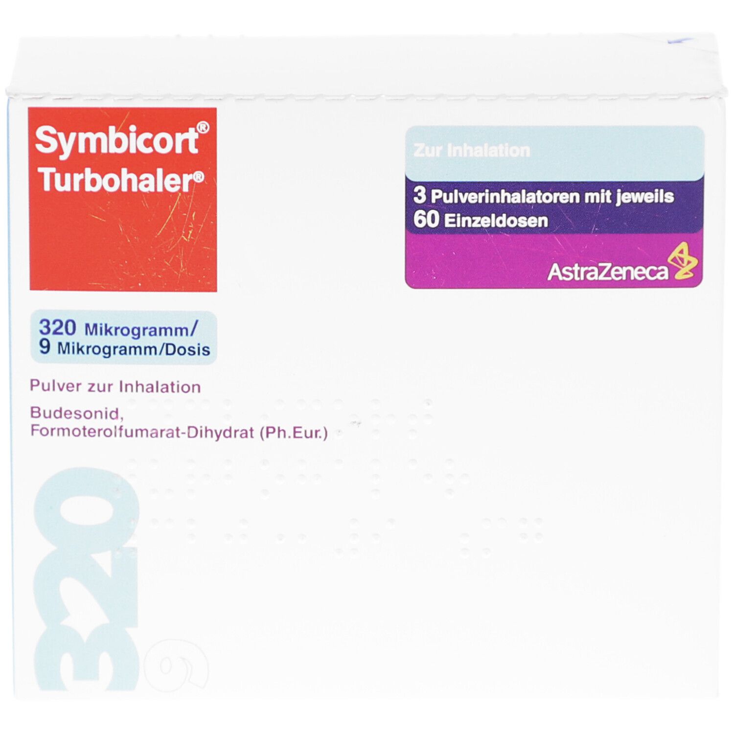 Weiße Schachtel mit rotem und blauem Text. Enthält 3 Inhalatoren mit 60 Einzeldosen. Marke: Symbicort Turbohaler. AstraZeneca Logo.