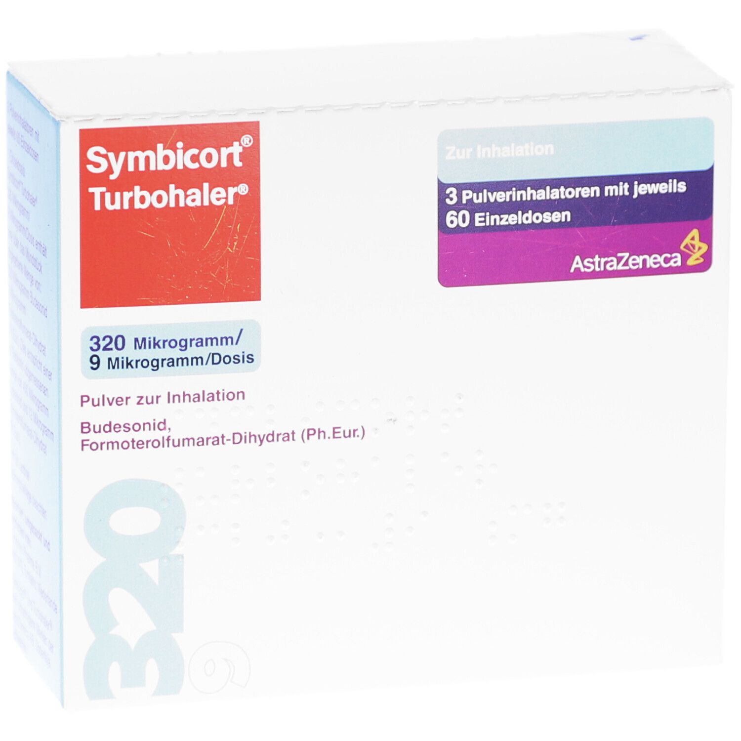 Weiße Schachtel mit rotem und blauem Text. Enthält 3 Inhalatoren mit 60 Einzeldosen. Marke: Symbicort Turbohaler. AstraZeneca Logo.