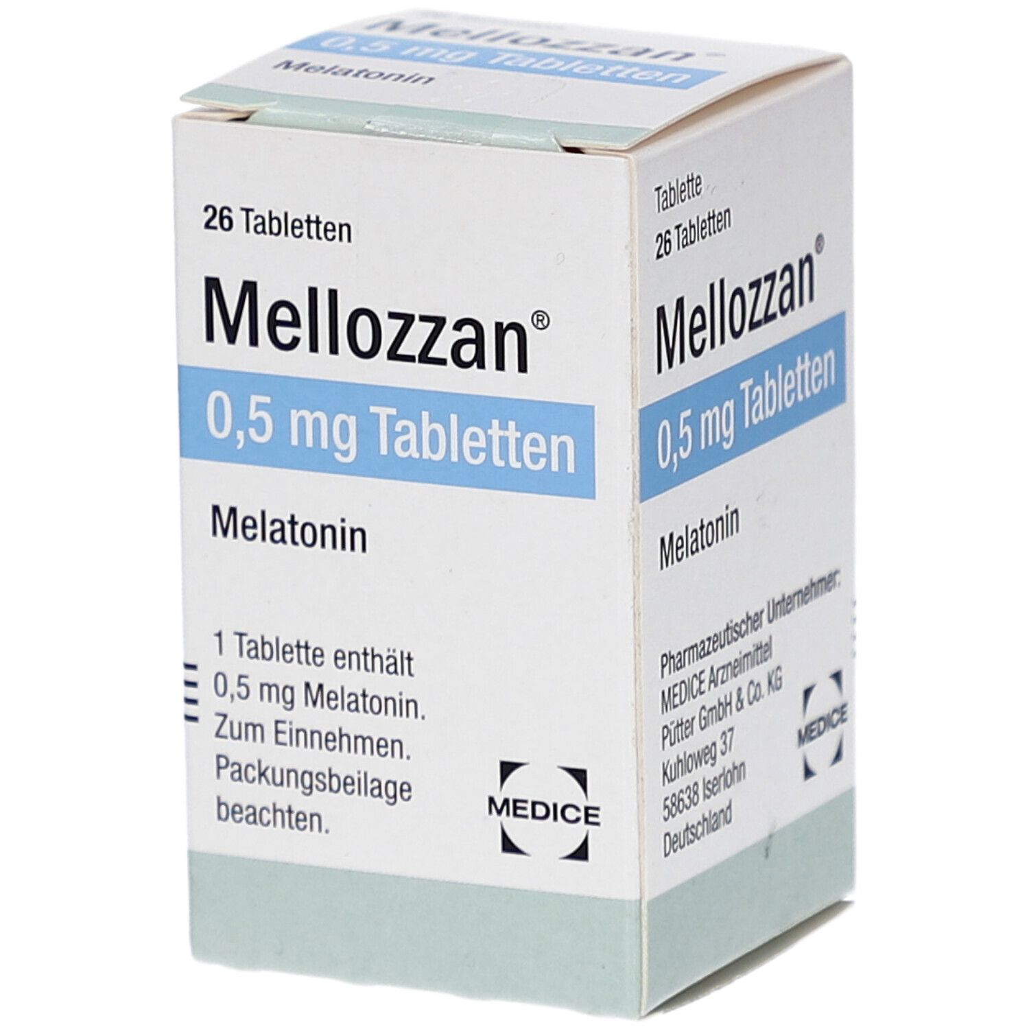 Schachtel mit "Mellozzan 0,5 mg Tabletten". Enthält 26 Tabletten. Aufschrift: Melatonin. Hersteller: MEDICE.