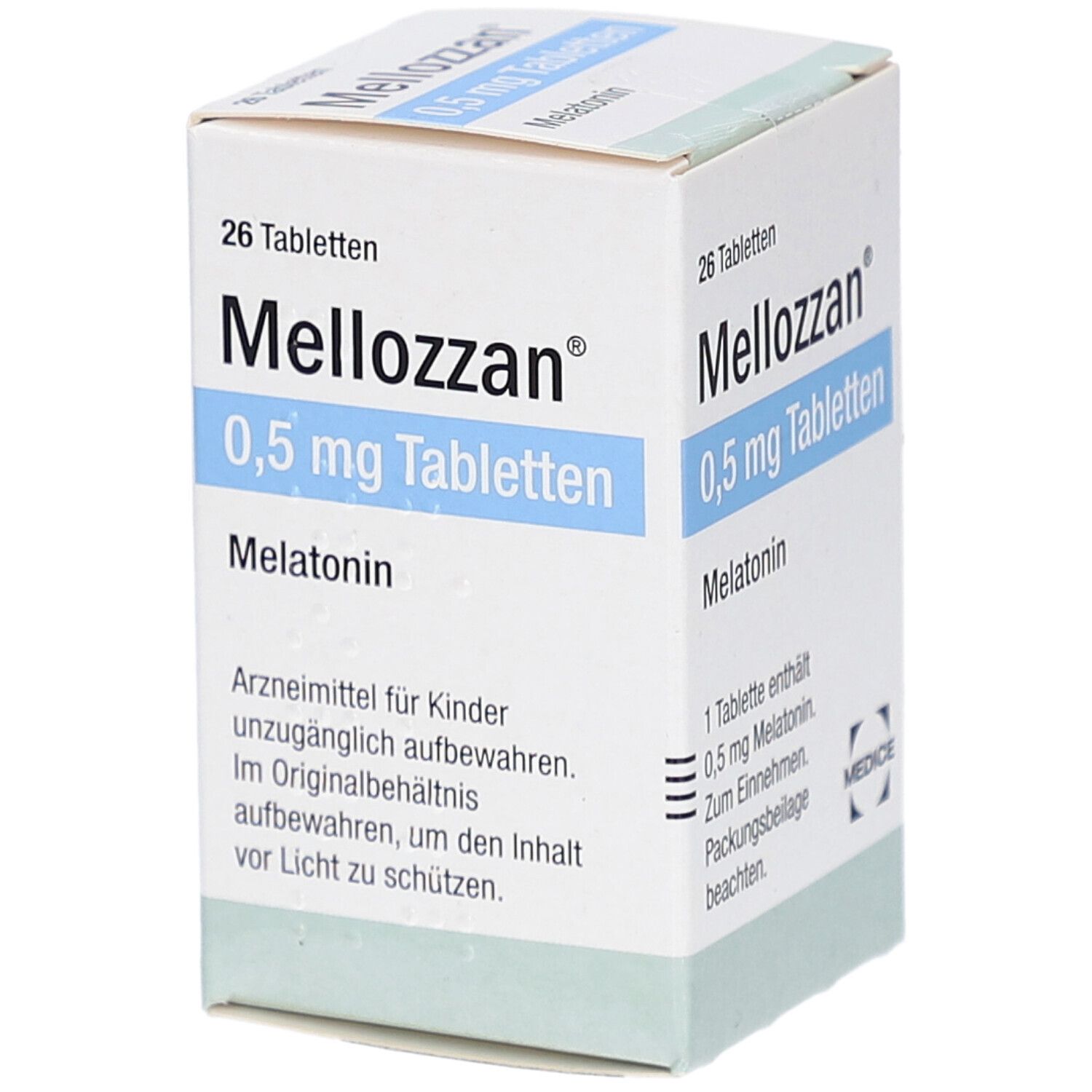 Schachtel mit "Mellozzan 0,5 mg Tabletten". Enthält 26 Tabletten. Aufschrift: Melatonin. Warnhinweis.