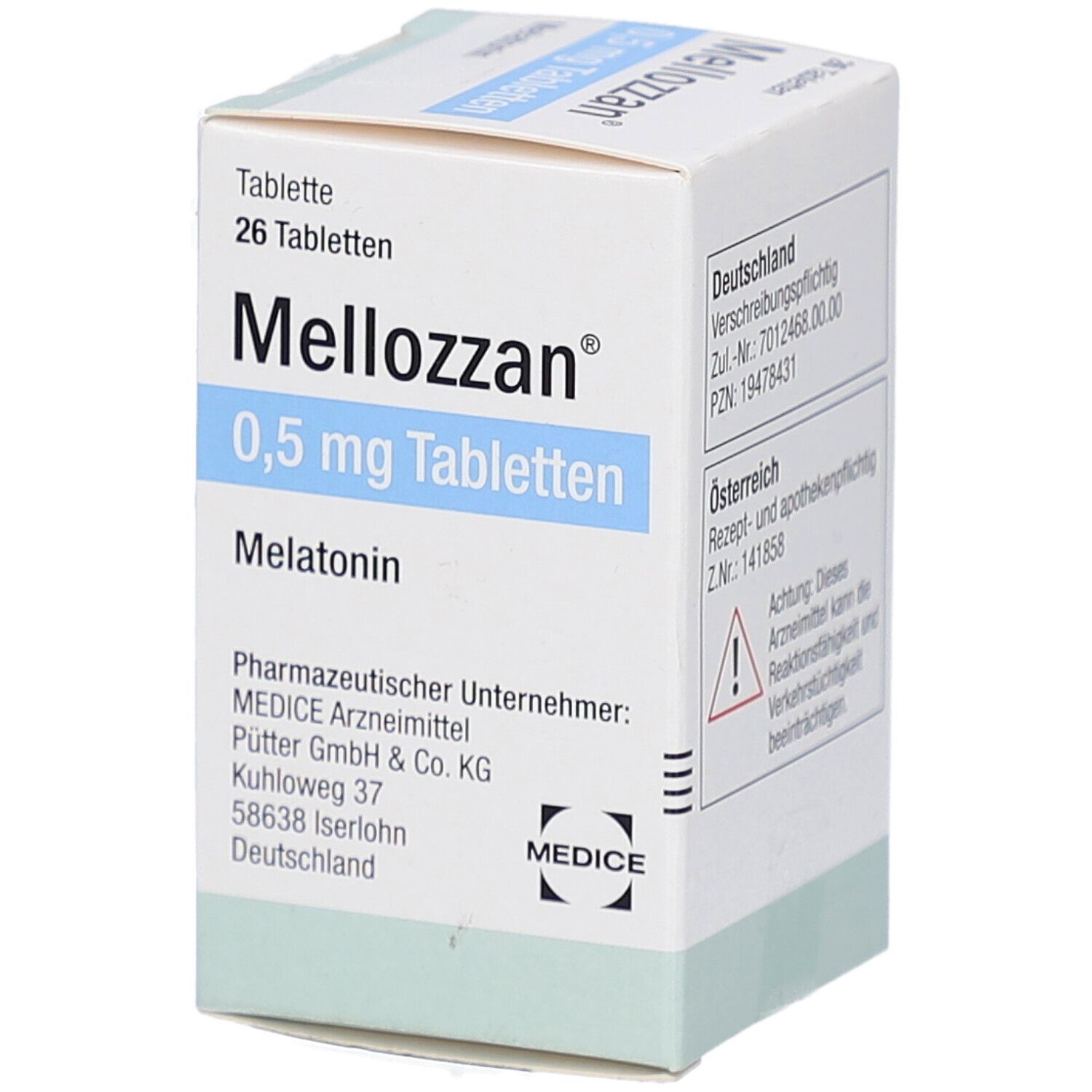 Schachtel mit "Mellozzan 0,5 mg Tabletten". Enthält 26 Tabletten. Aufschrift: Melatonin. Hersteller: MEDICE.