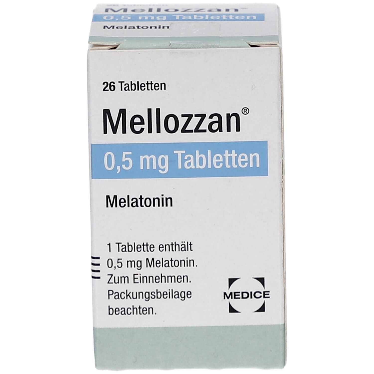Schachtel mit "Mellozzan 0,5 mg Tabletten". Enthält 26 Tabletten. Aufschrift: Melatonin. Angaben zur Dosierung.