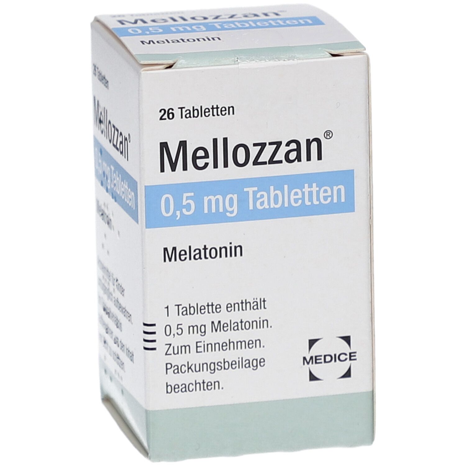 Schachtel mit "Mellozzan 0,5 mg Tabletten". Enthält 26 Tabletten. Aufschrift: Melatonin. Hersteller: MEDICE.