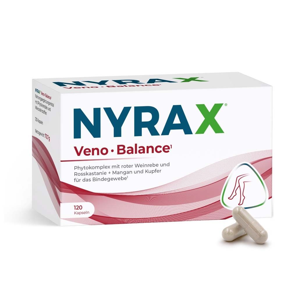 Weiße Schachtel mit grüner Aufschrift NYRAX Veno Balance. 120 Kapseln. Abbildung von Beinen.