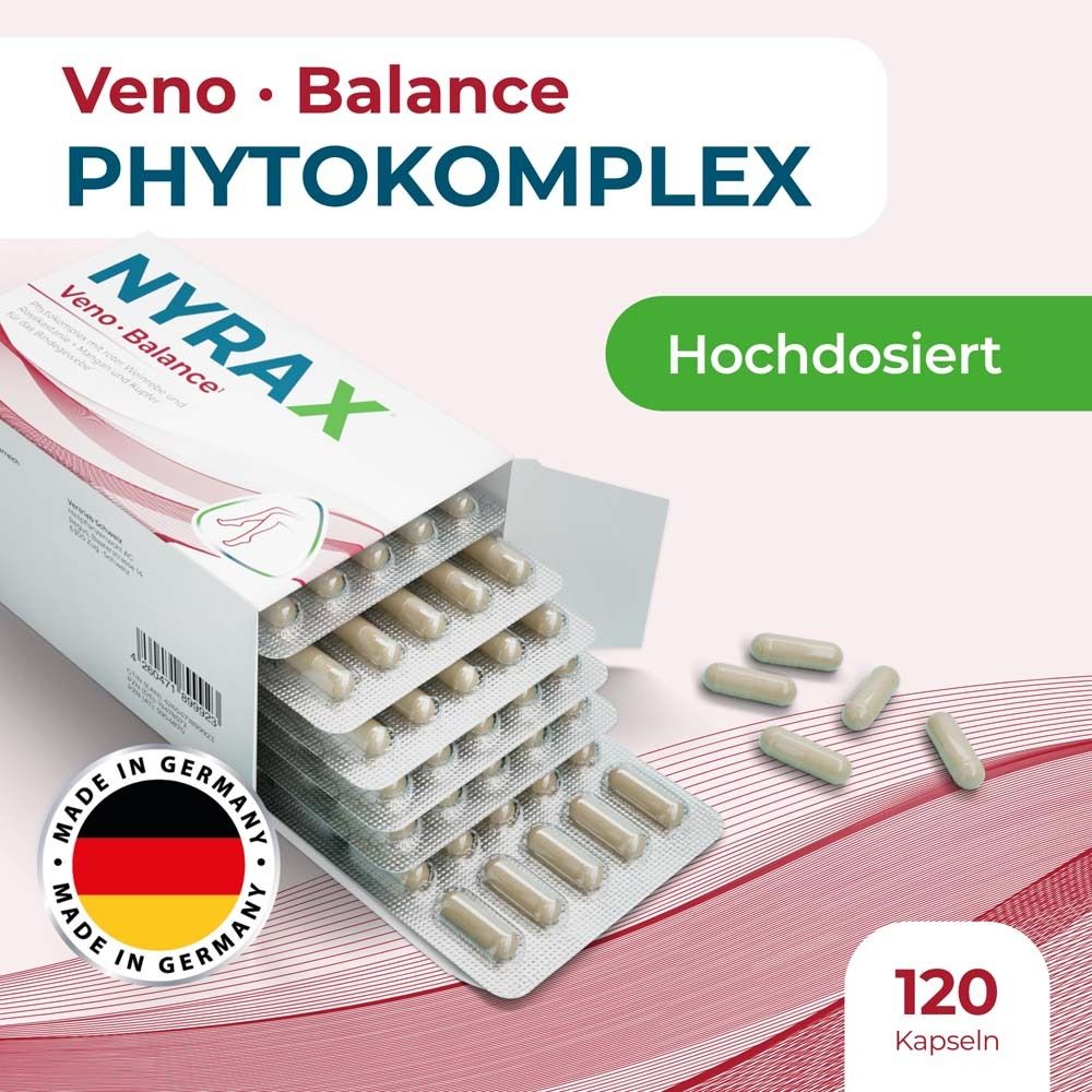 Packung mit Tablettenblistern. NYRAX Veno Balance, 120 Kapseln. Made in Germany. Hochdosiert.
