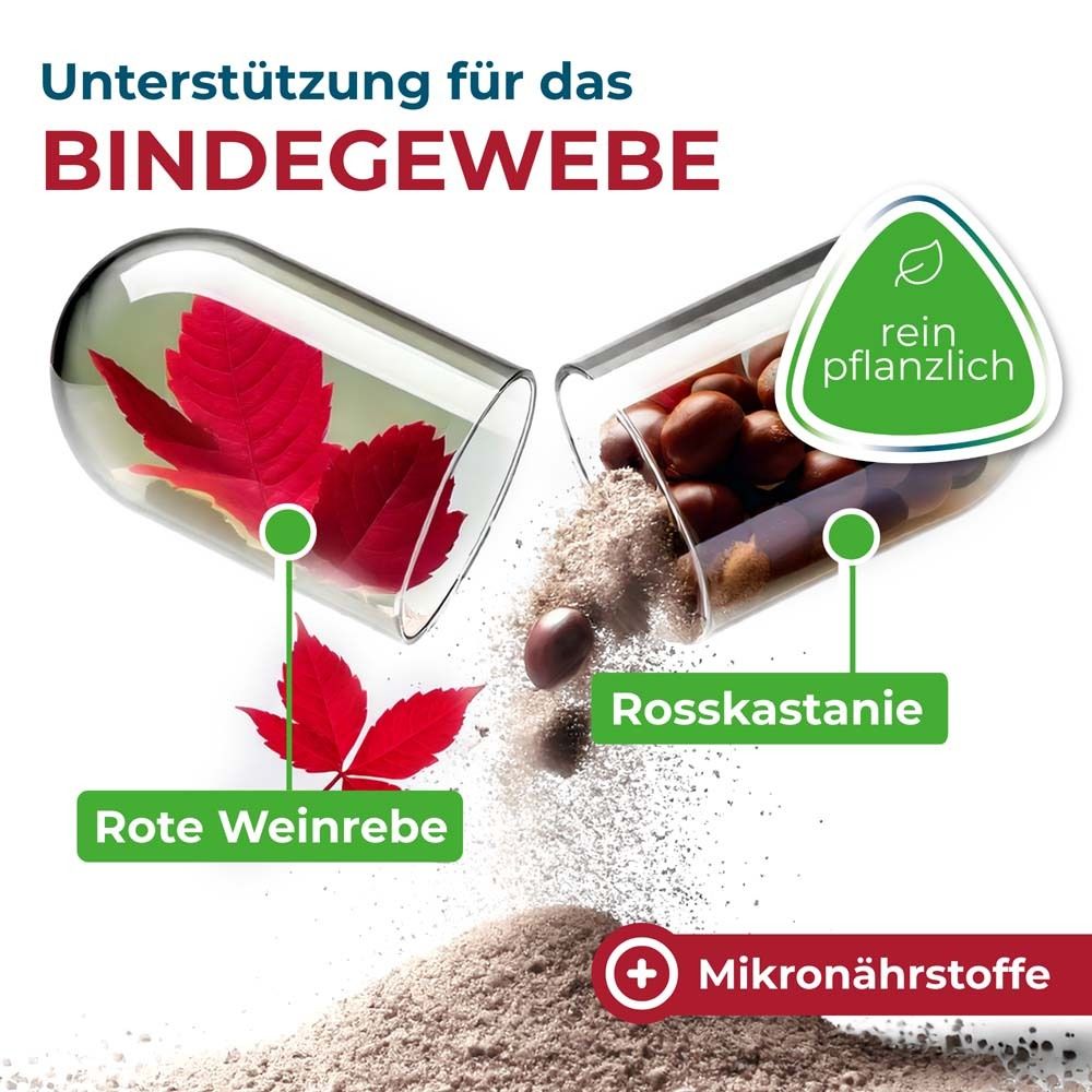 Kapsel mit Inhaltsstoffen: Rote Weinrebe, Rosskastanie, Mikronährstoffe. Rein pflanzlich.