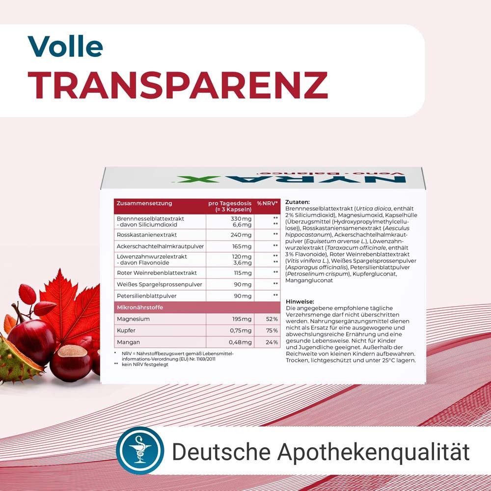 Produktverpackung mit Inhaltsstoffangaben. Deutsche Apothekenqualität. Inhaltsstoffe und Nährwerte.