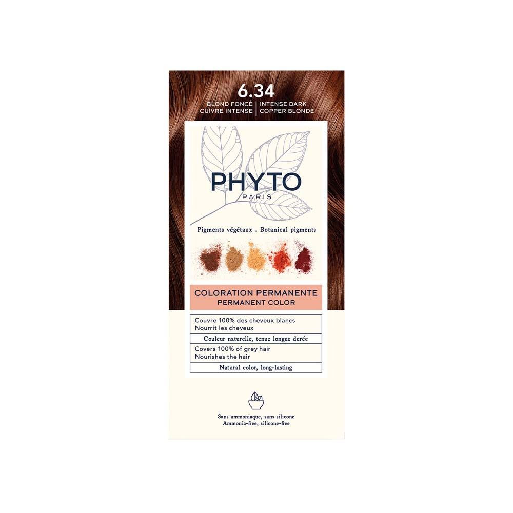 PHYTO PARIS Phytocolor 6.34 Dunkelblond Kupfer. Produktverpackung mit Produktabbildung und Text. Enthält pflanzliche Pigmente.