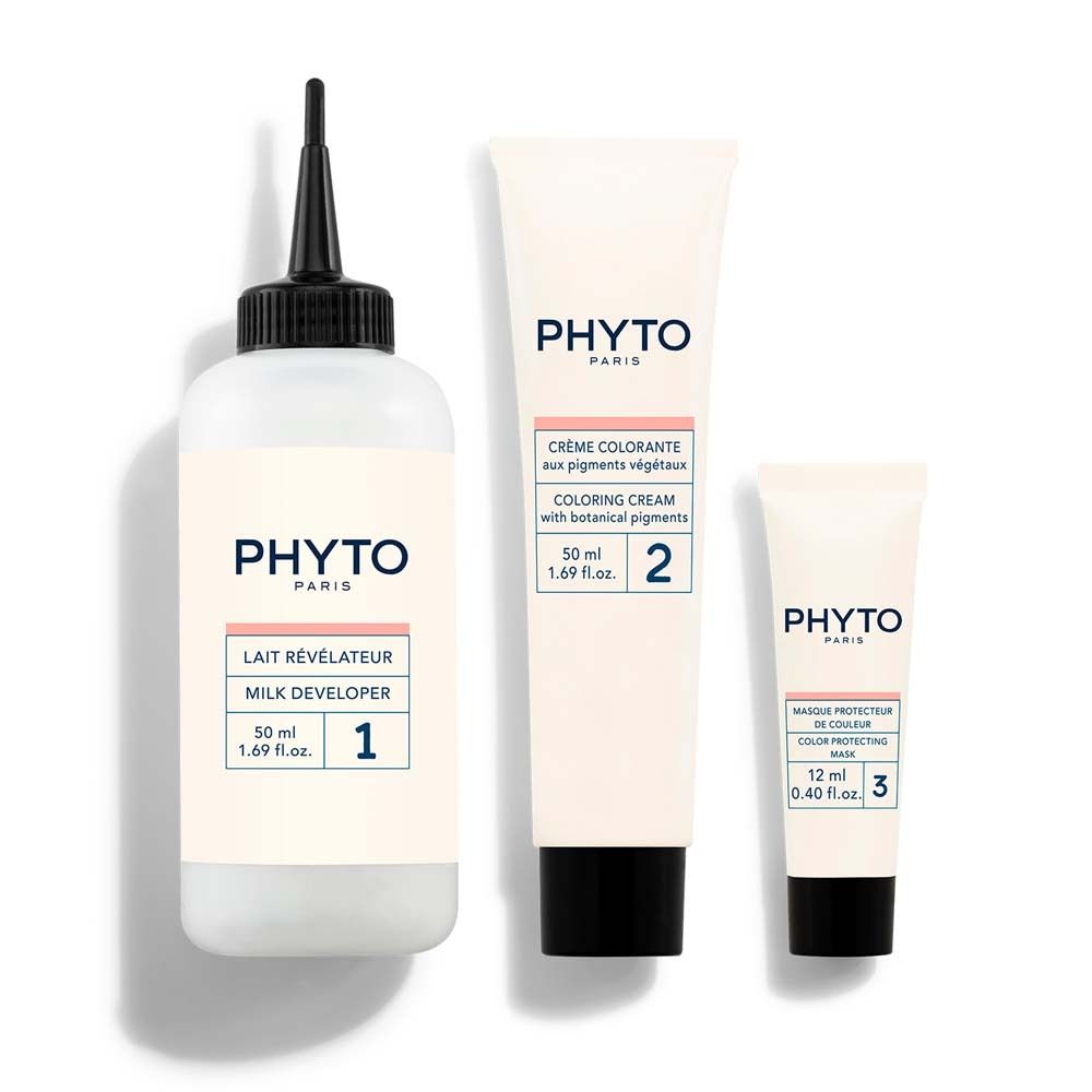 PHYTO PARIS Produkt-Set. Enthält Milch Entwickler, Colorationscreme und Maske. Alle Produkte sind in Flaschen und Tuben.
