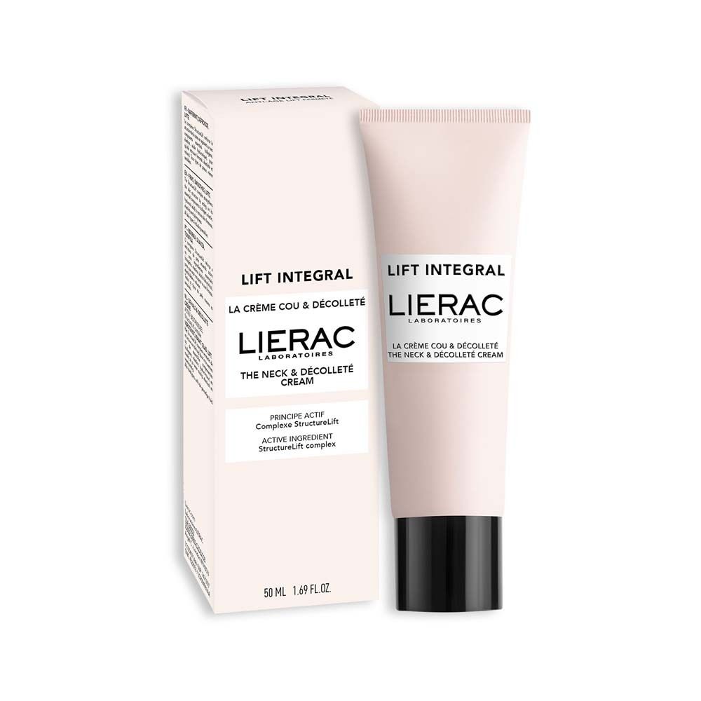 Karton und Tube. Aufschrift: LIFT INTEGRAL, LIERAC, LA CREME COU & DÉCOLLETÉ, THE NECK & DÉCOLLETÉ CREAM. 50 ml.