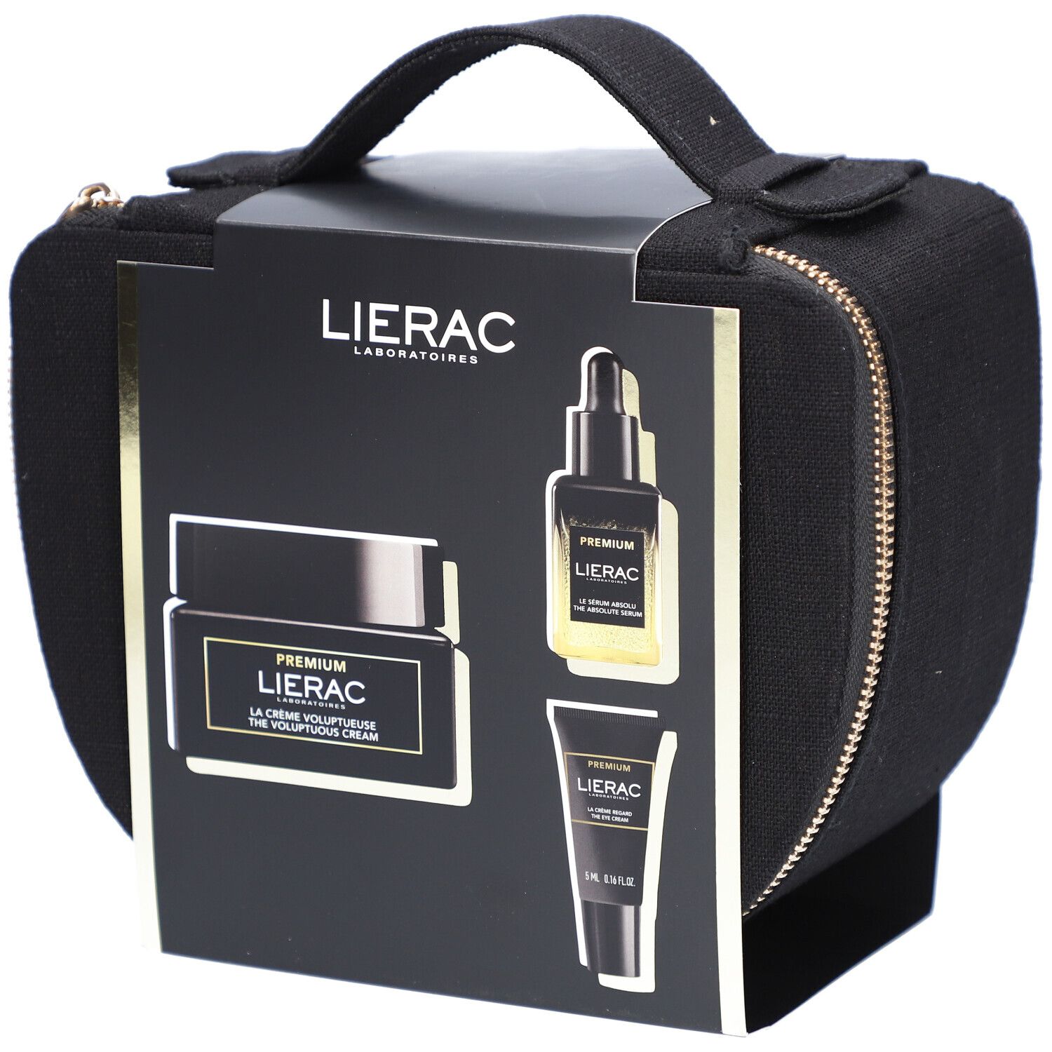 Schwarze Kosmetiktasche mit LIERAC-Set. Enthält Creme, Serum und Tube. Goldener Reißverschluss und Griff.
