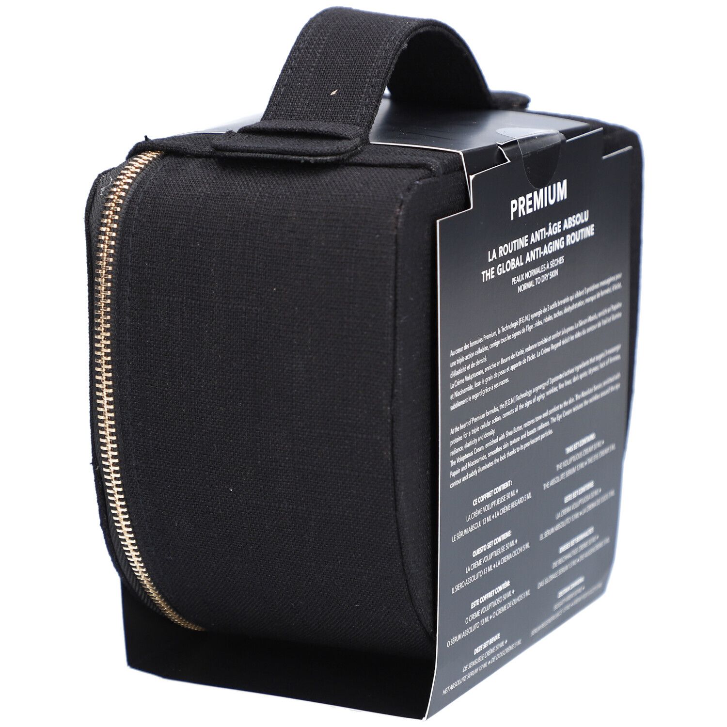 Schwarze Kosmetiktasche mit goldener Reißverschluss. LIERAC-Set-Verpackung mit Produktinformationen.