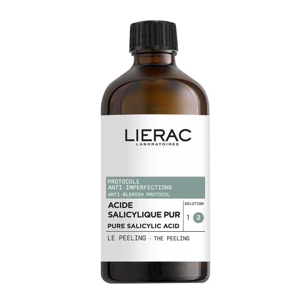 Braune Glasflasche mit schwarzem Deckel. Etikett mit LIERAC-Logo und Produktinformationen: Acide Salicylique Pur.