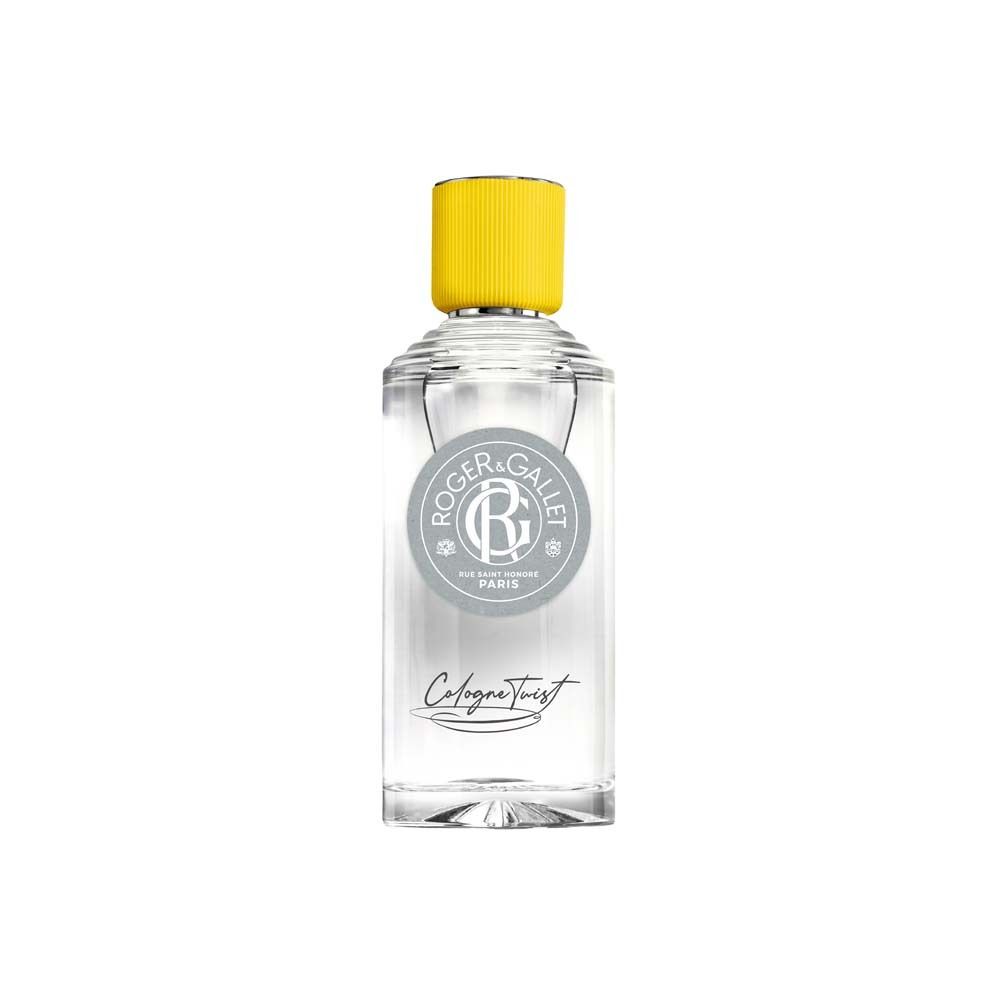 Glasflakon mit gelbem Verschluss. Aufschrift: Roger & Gallet, Cologne Twist.