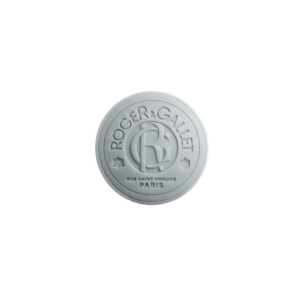 Graue, runde Seife mit Logo und Schriftzug. Marke: Roger & Gallet. Text: Rue Saint Honoré Paris.