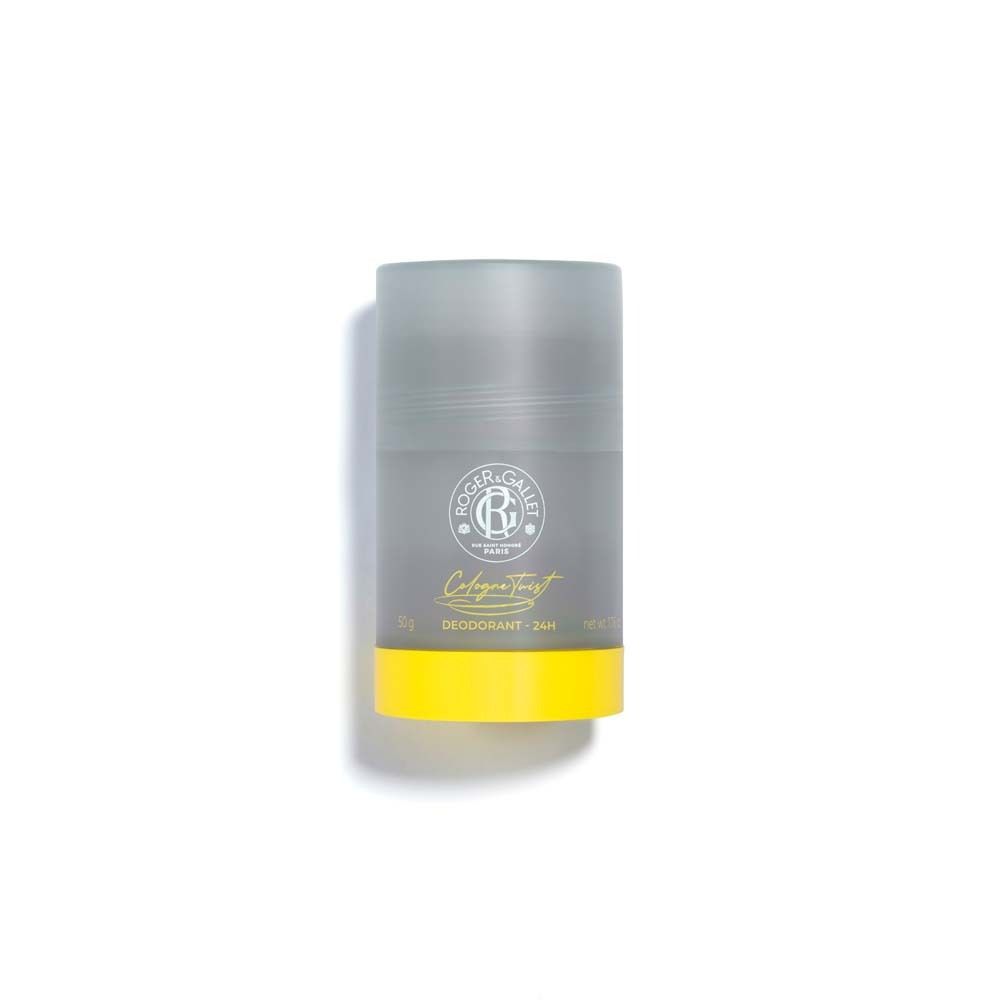 Zylinderförmiger Deodorant-Stick, grau-gelb. Marke und Produktname aufgedruckt.