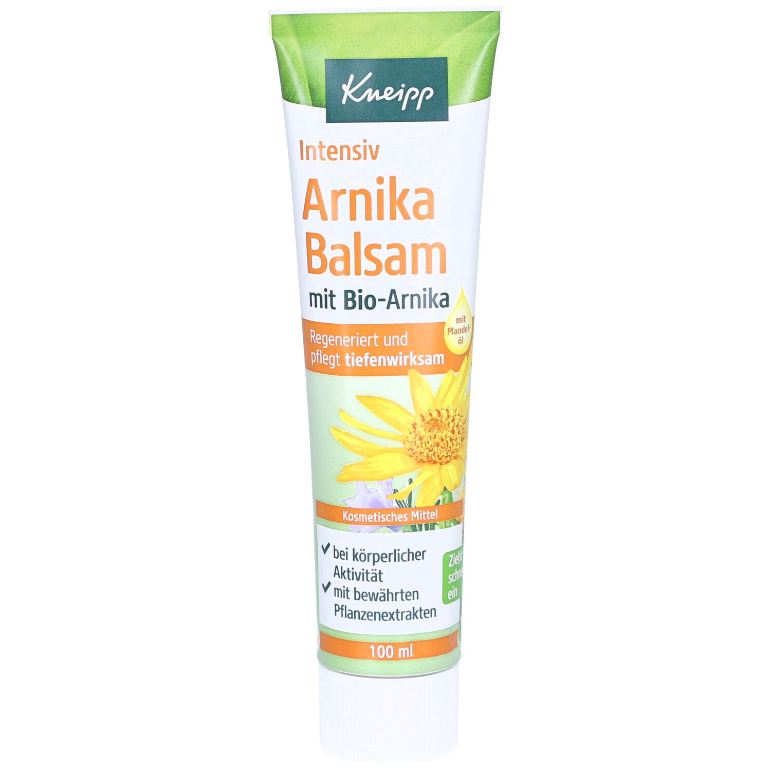 Tube Kneipp Intensiv Arnika Balsam. Grün-weiß, mit gelber Blüte und Produktinformationen. 100 ml.